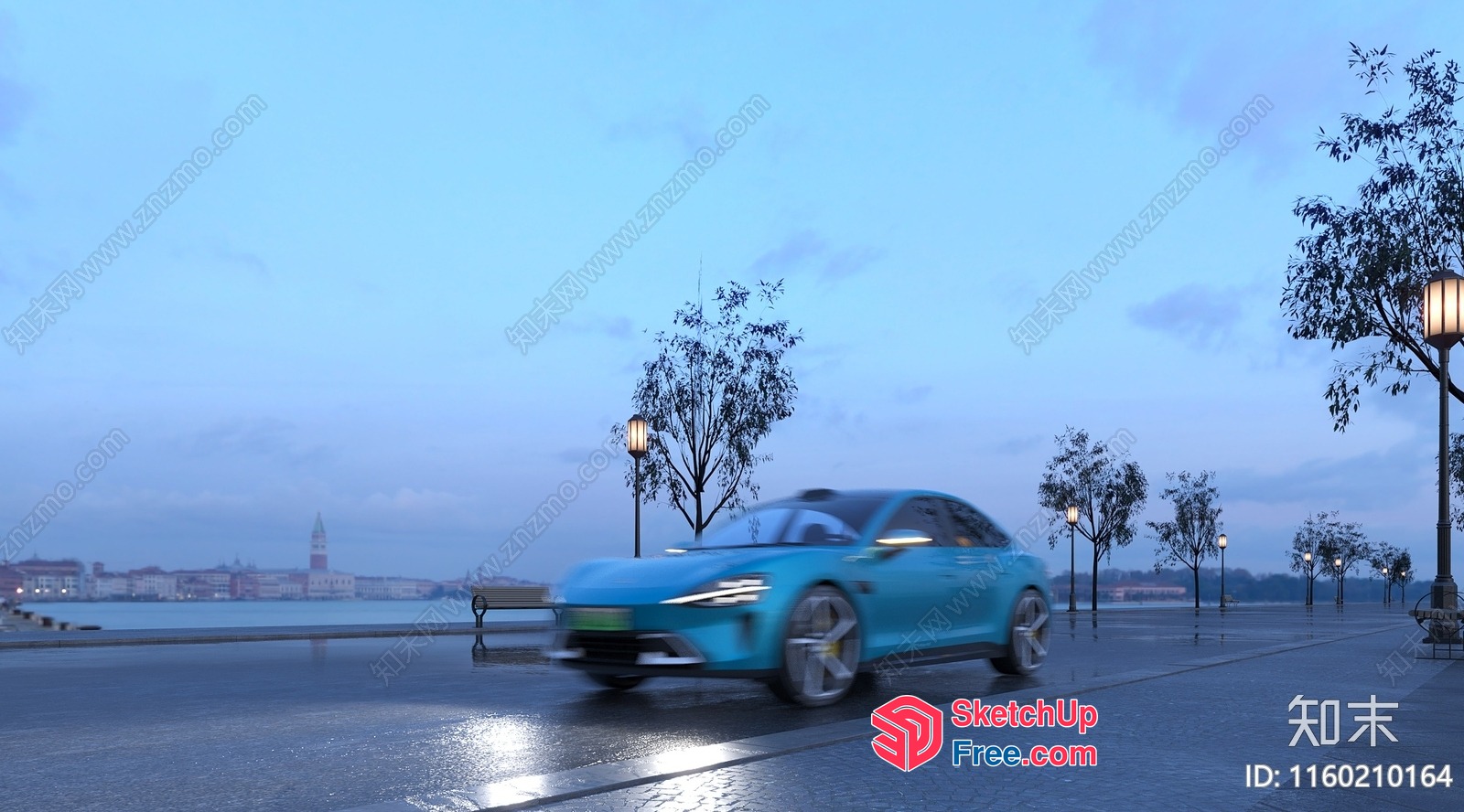 Blue Car Driving On A Wet Road 3D SketchUp File