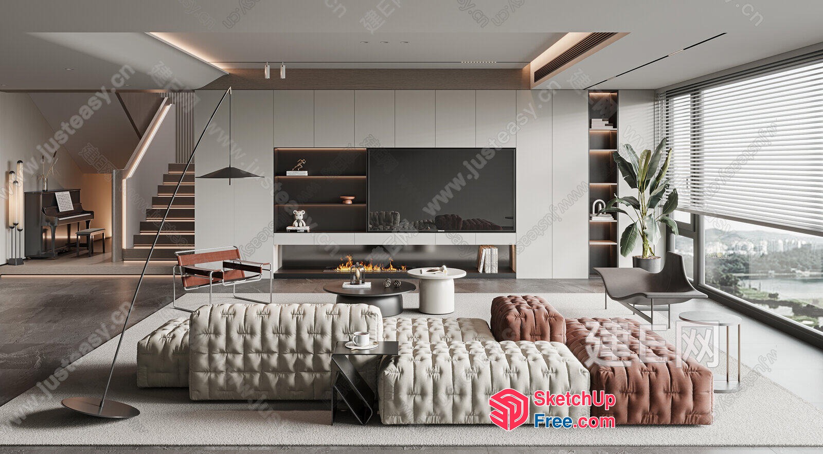 Modern Minimalist Living Room With Large Tv And Stairs 3D SketchUp File
