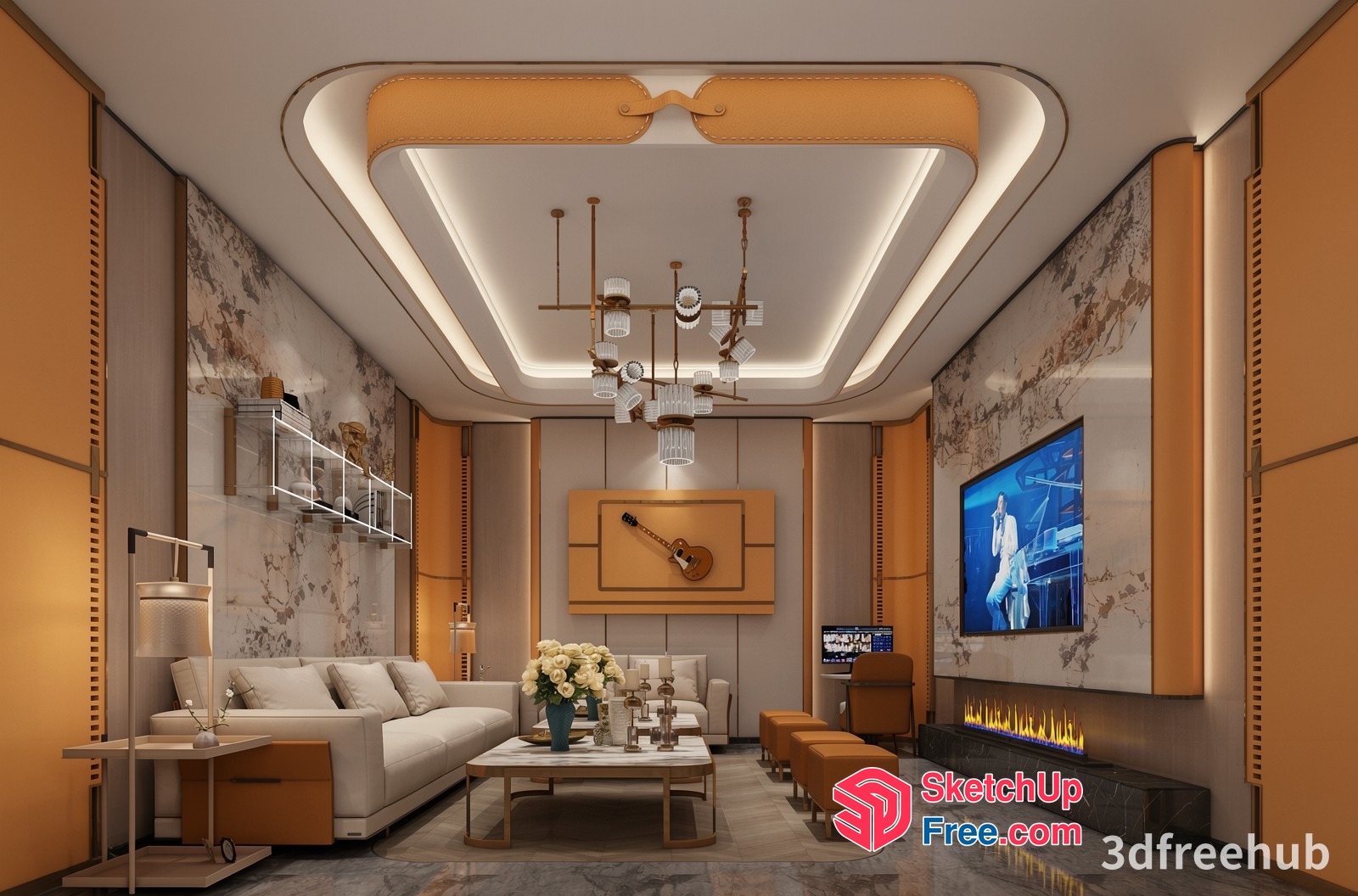 Luxurious Modern Living Room With Fireplace And Tv 3D SketchUp File