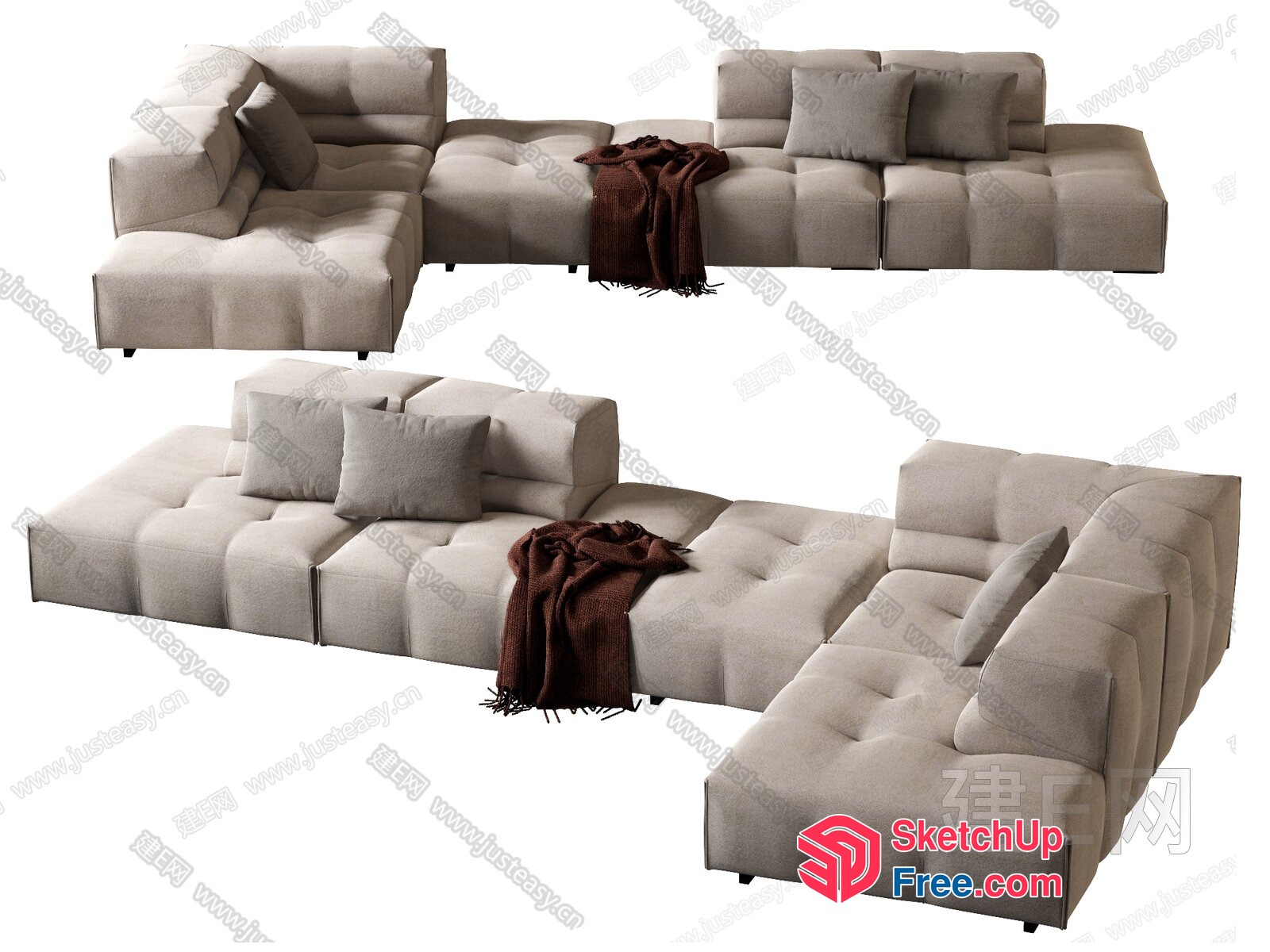 Modern Minimalist Corner Sofa With Pillows And Blanket 3D SketchUp File