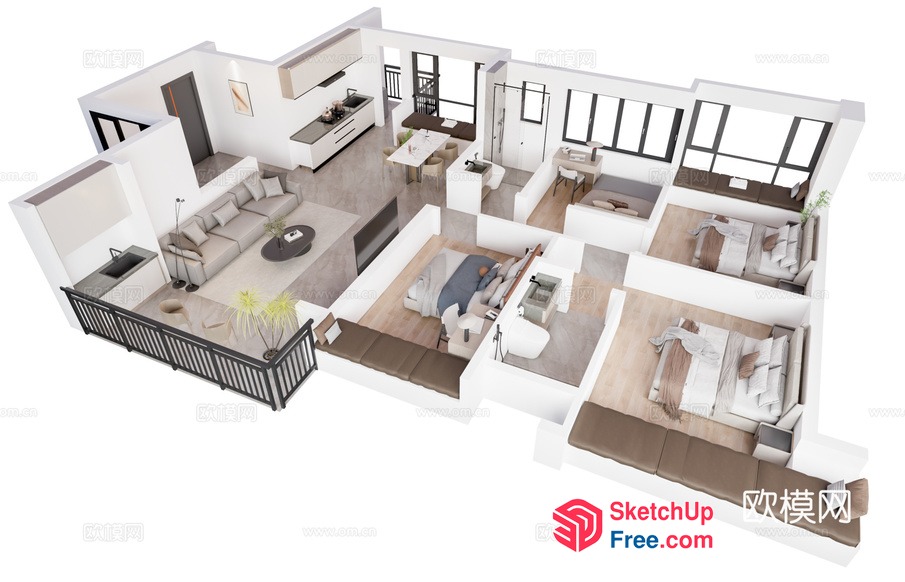 Modern White And Brown 3D Apartment Plan 3D SketchUp File