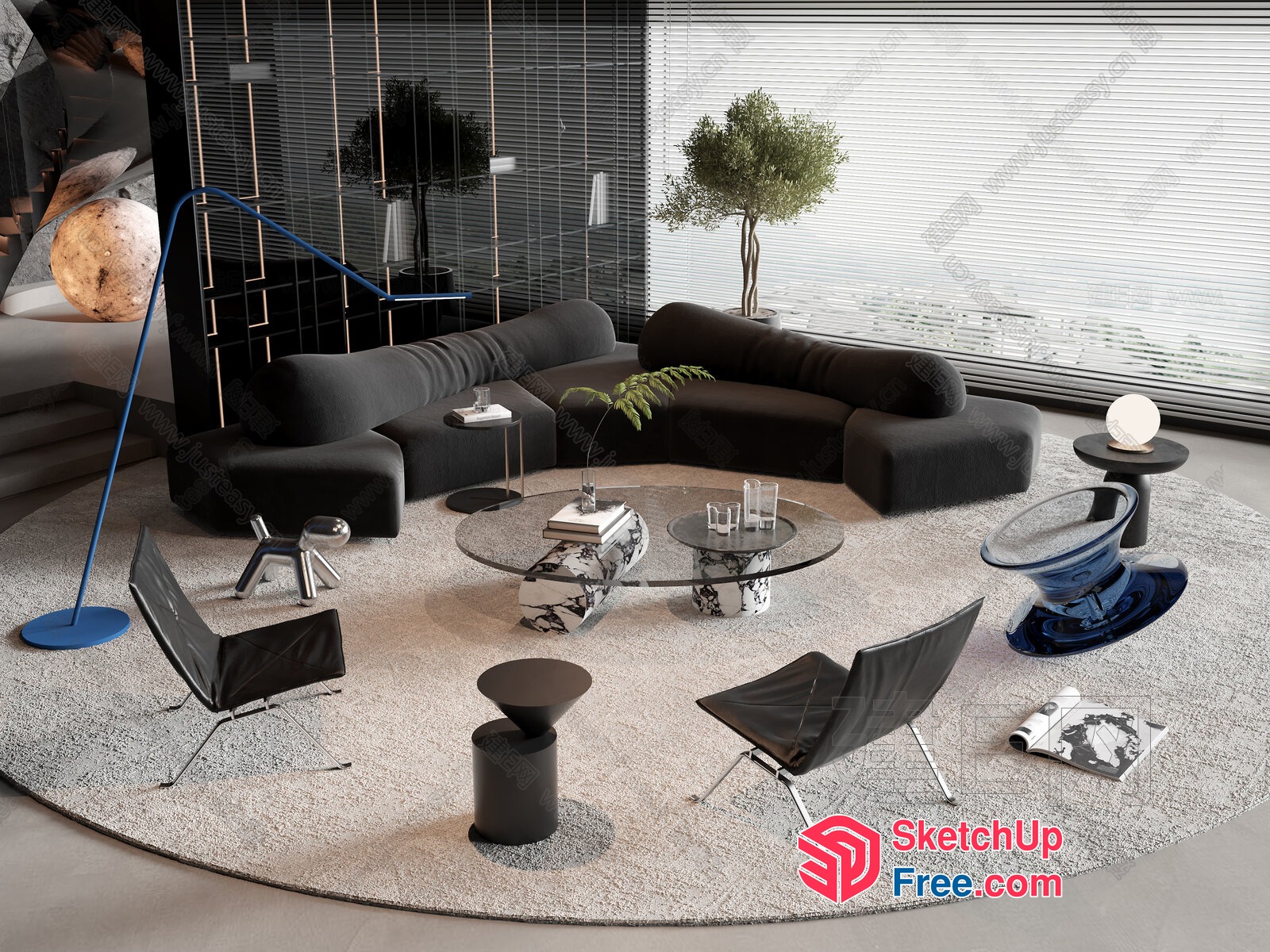 Modern Minimalist Living Room With Curved Sofa And Glass Tables 3D SketchUp File