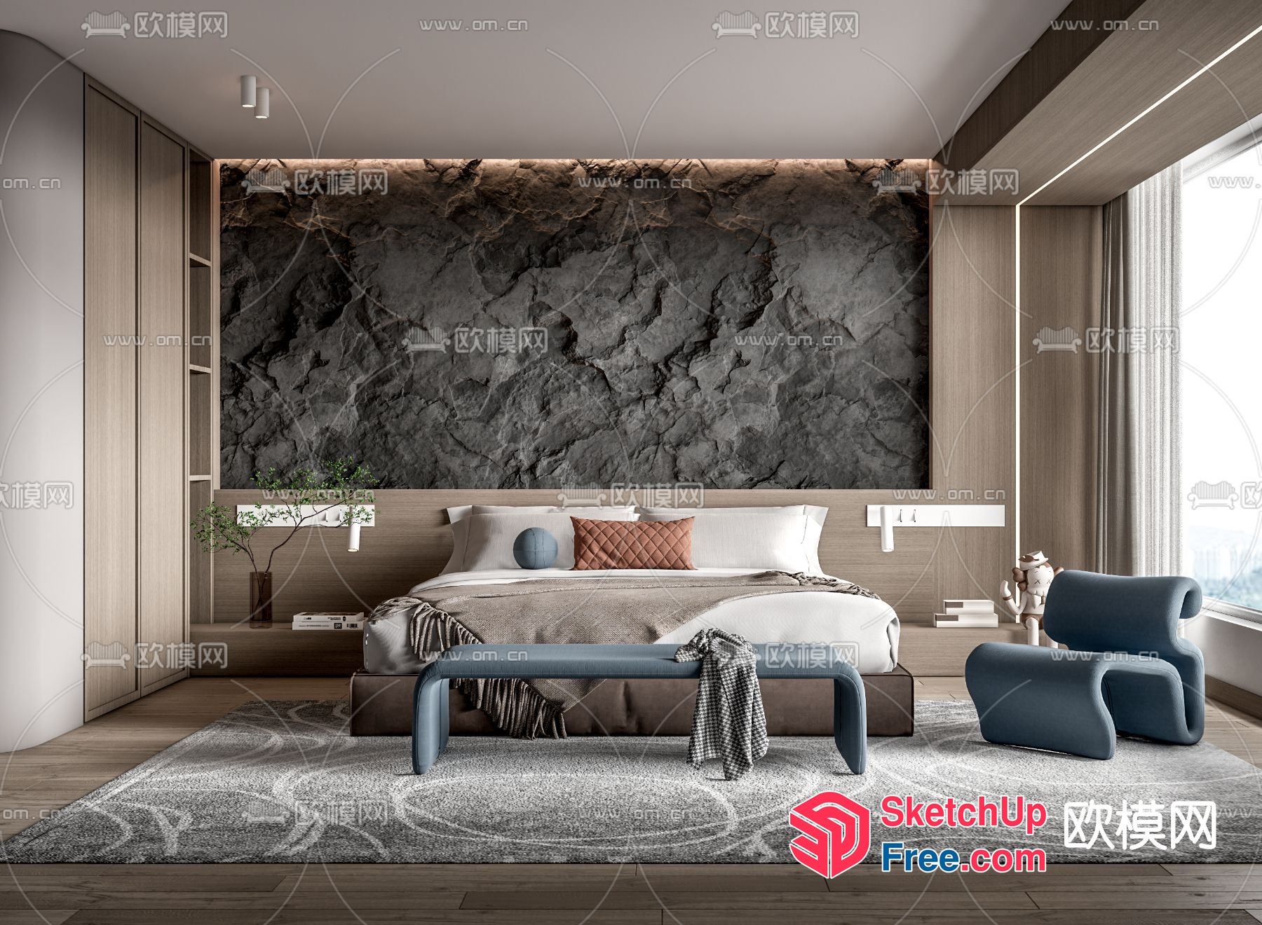 Modern Minimalist Bedroom With Stone Accent Wall 3D SketchUp File