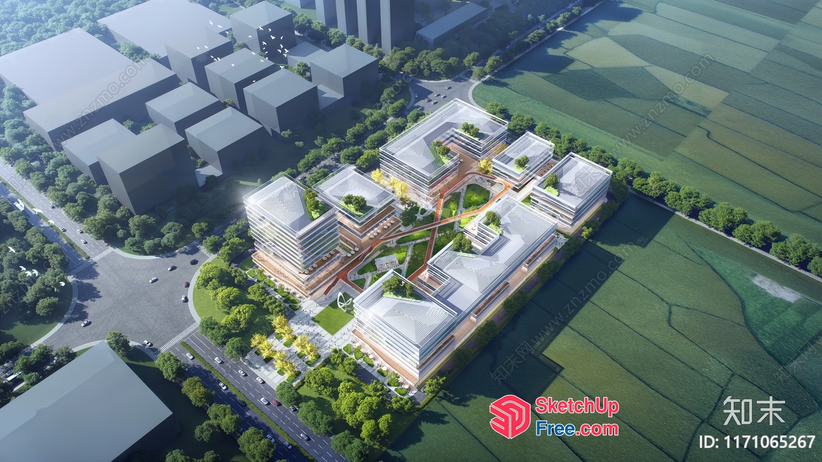 Modern Office Building With Green Landscape 3D SketchUp File
