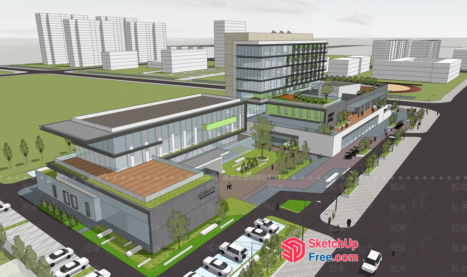 Modern Commercial Building With Glass Curtain Wall And Green Roof 3D SketchUp File