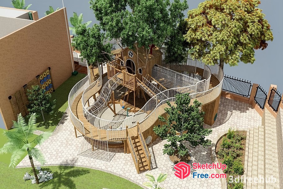 Large Treehouse Playground With Stairs And Railings 3D SketchUp File