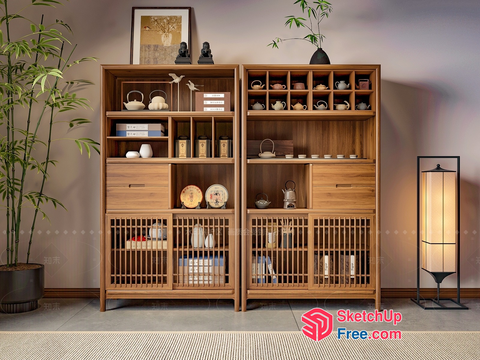 Japanese-Style Bookcase With Tea Set And Decorative Items 3D SketchUp File