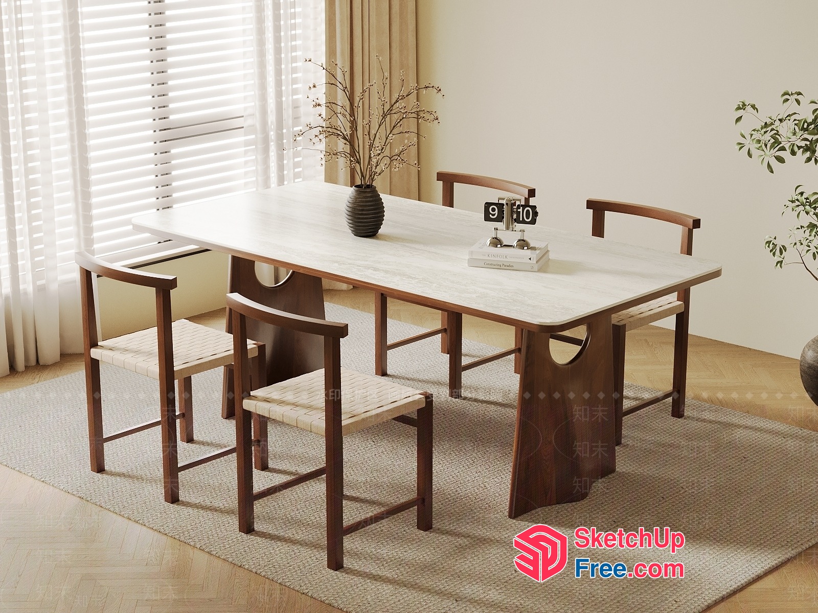 Modern Dining Room With White Table And Wooden Chairs 3D SketchUp File