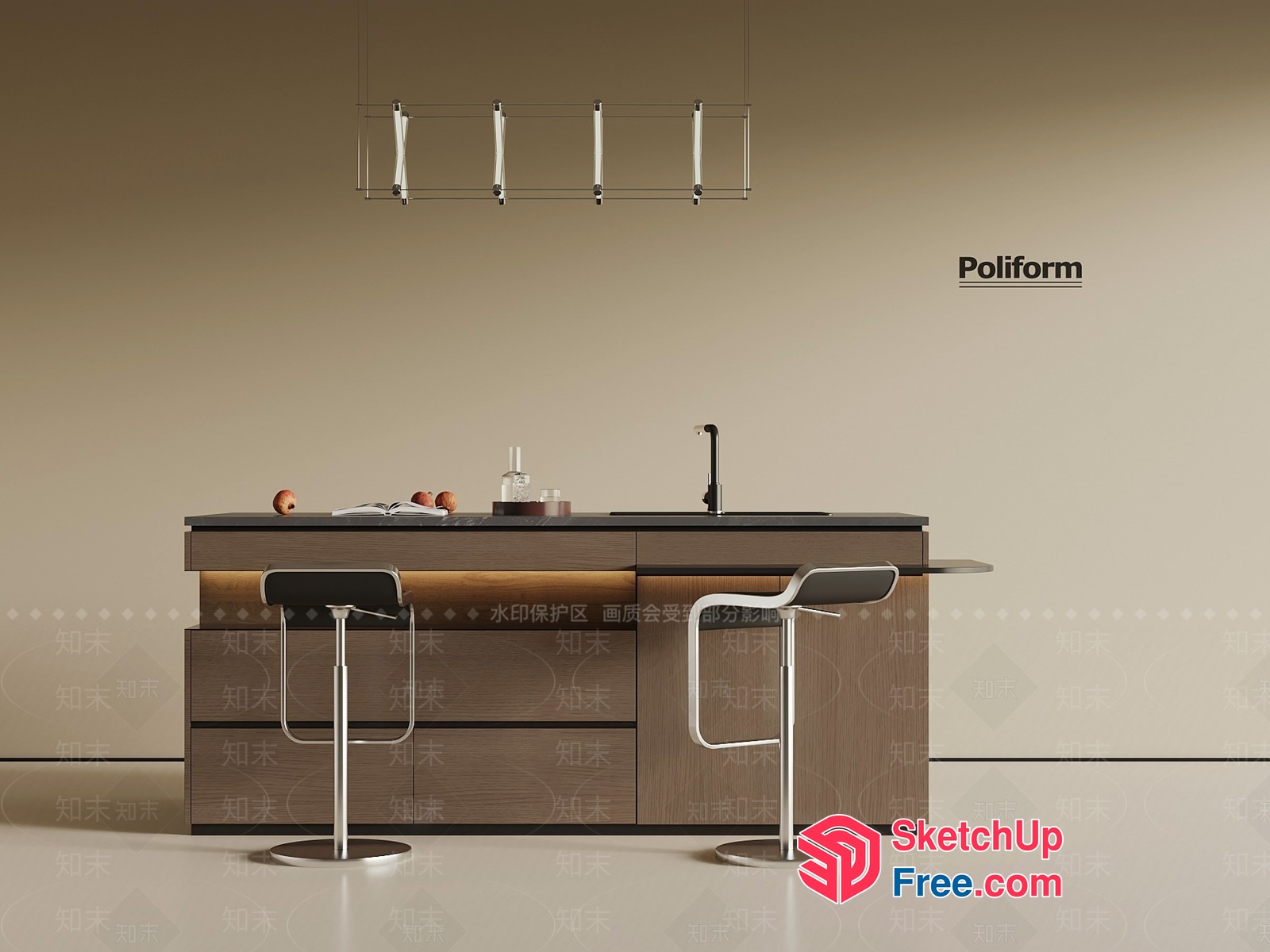 Modern Minimalist Kitchen Island With Sleek Bar Stools 3D SketchUp File