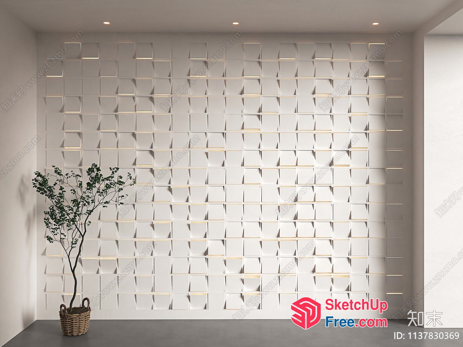 Modern White Brick Wall With Potted Plant 3D SketchUp File