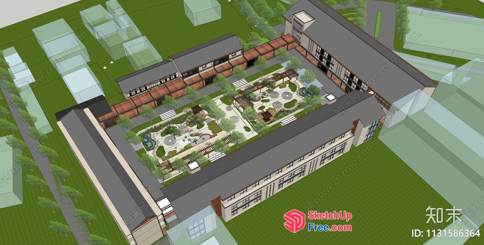 3D Model Of A Modern Building With A Garden 3D SketchUp File