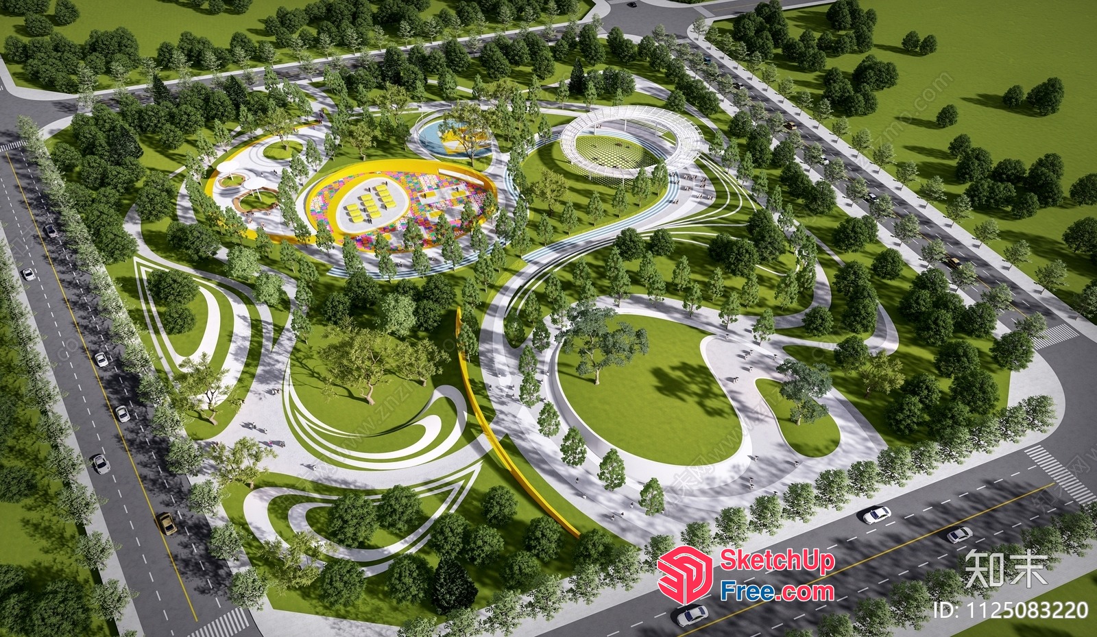 Aerial View Of A Modern Park With A Central Plaza And Winding Paths 3D SketchUp File