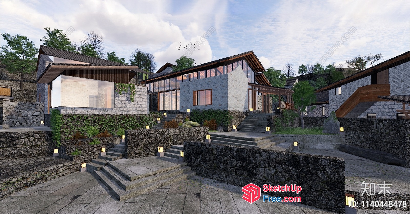 Modern Stone Villa Exterior With Staircase And Potted Plants 3D SketchUp File