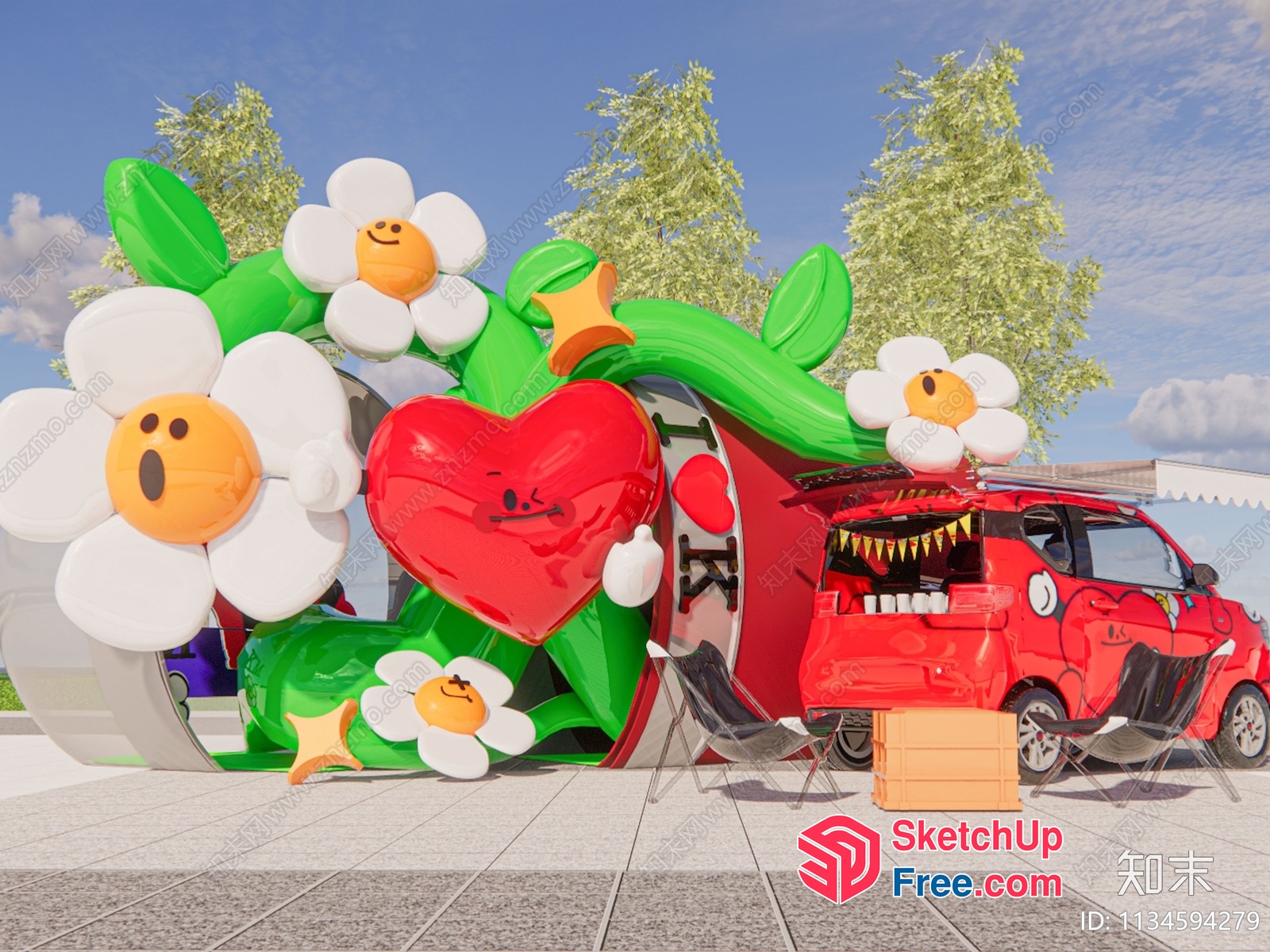 Vibrant Street Scene With Food Truck And Decorative Elements 3D SketchUp File