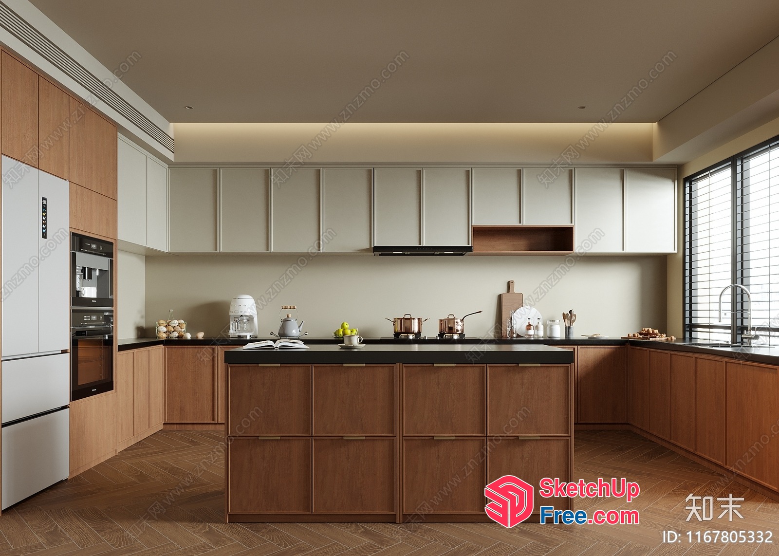 Modern Kitchen With White And Brown Cabinets And Island 3D SketchUp File