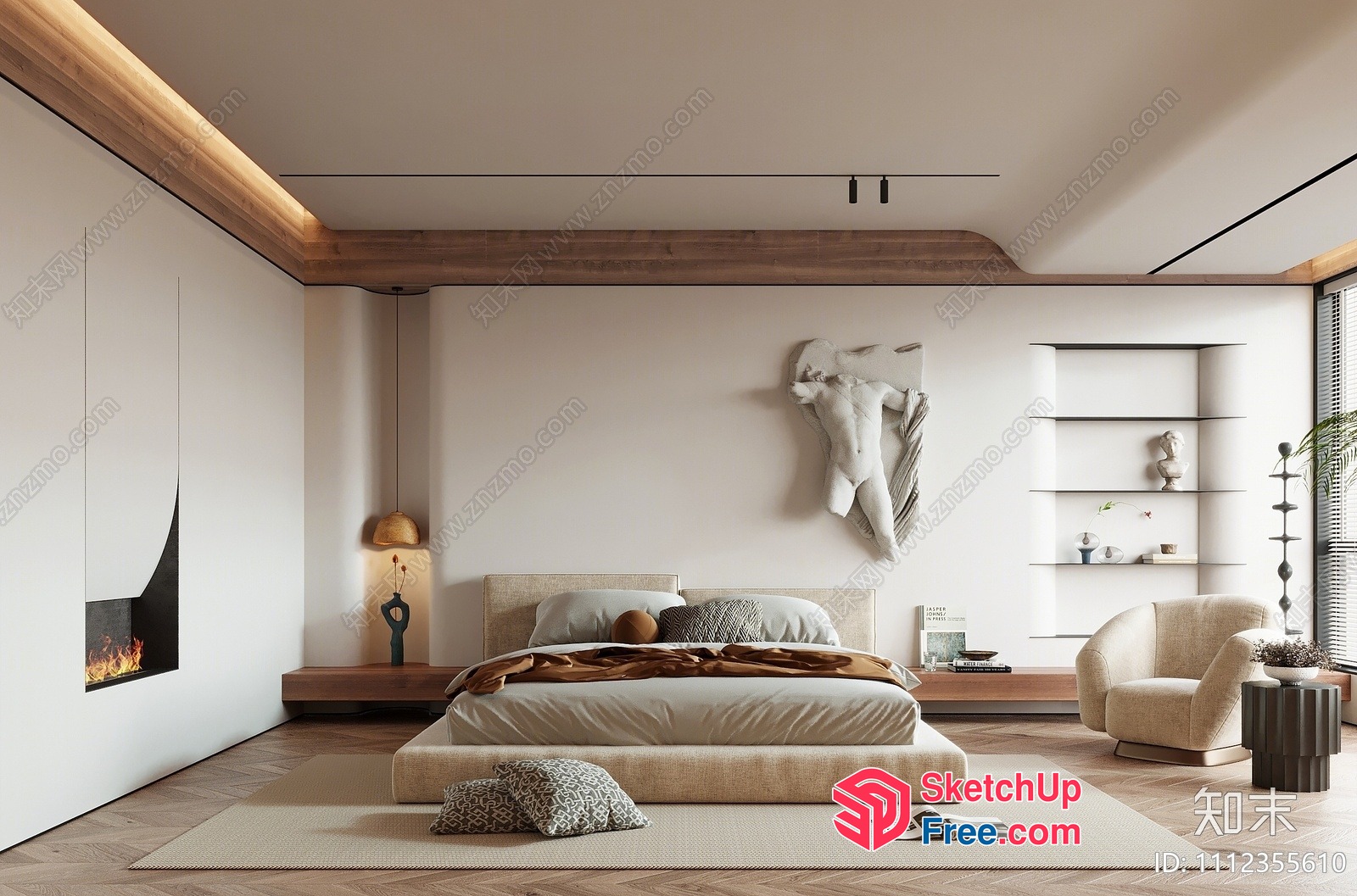 Modern Minimalist Bedroom With Fireplace And Sculptural Art 3D SketchUp File