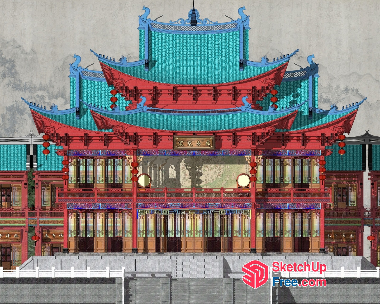 Ornate Asian Building Facade With Red And Green Roof 3D SketchUp File