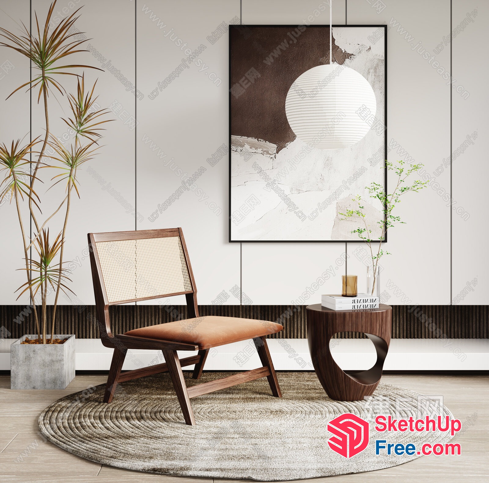 Minimalist Japanese-Style Living Room With Natural Wood Accents 3D SketchUp File