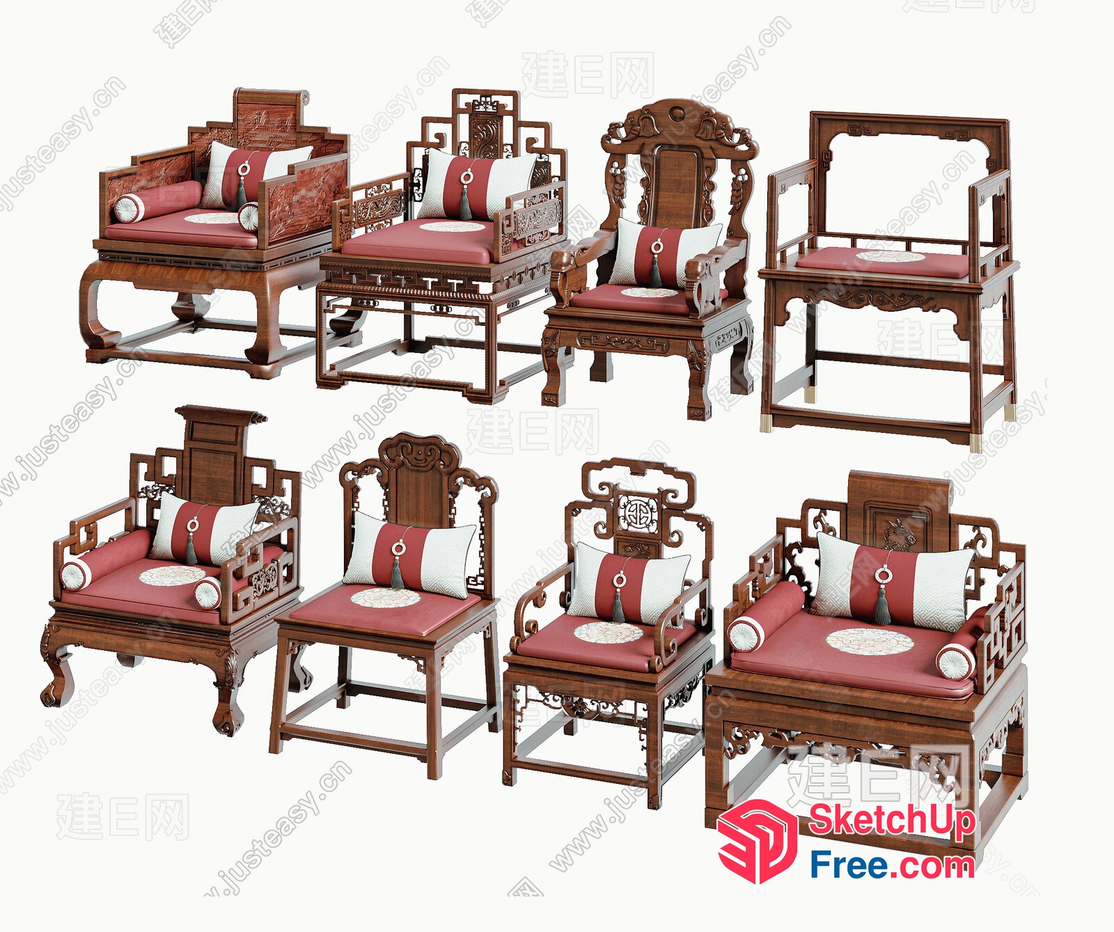 Chinese-Style Chairs With Ornate Carvings And Cushions 3D SketchUp File