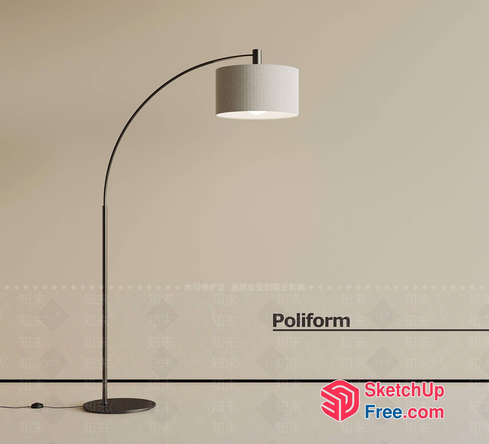 Modern Floor Lamp With White Shade And Curved Arm 3D SketchUp File