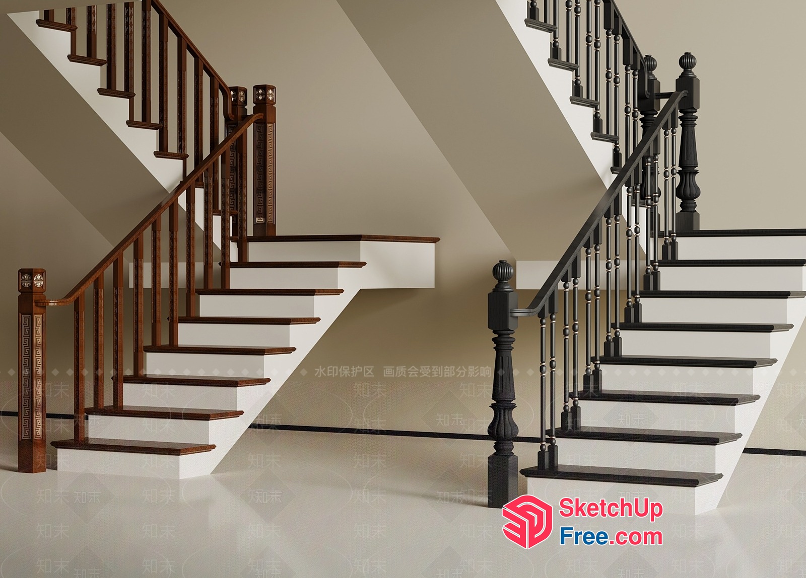 Staircase With Wooden And Metal Railings 3D SketchUp File