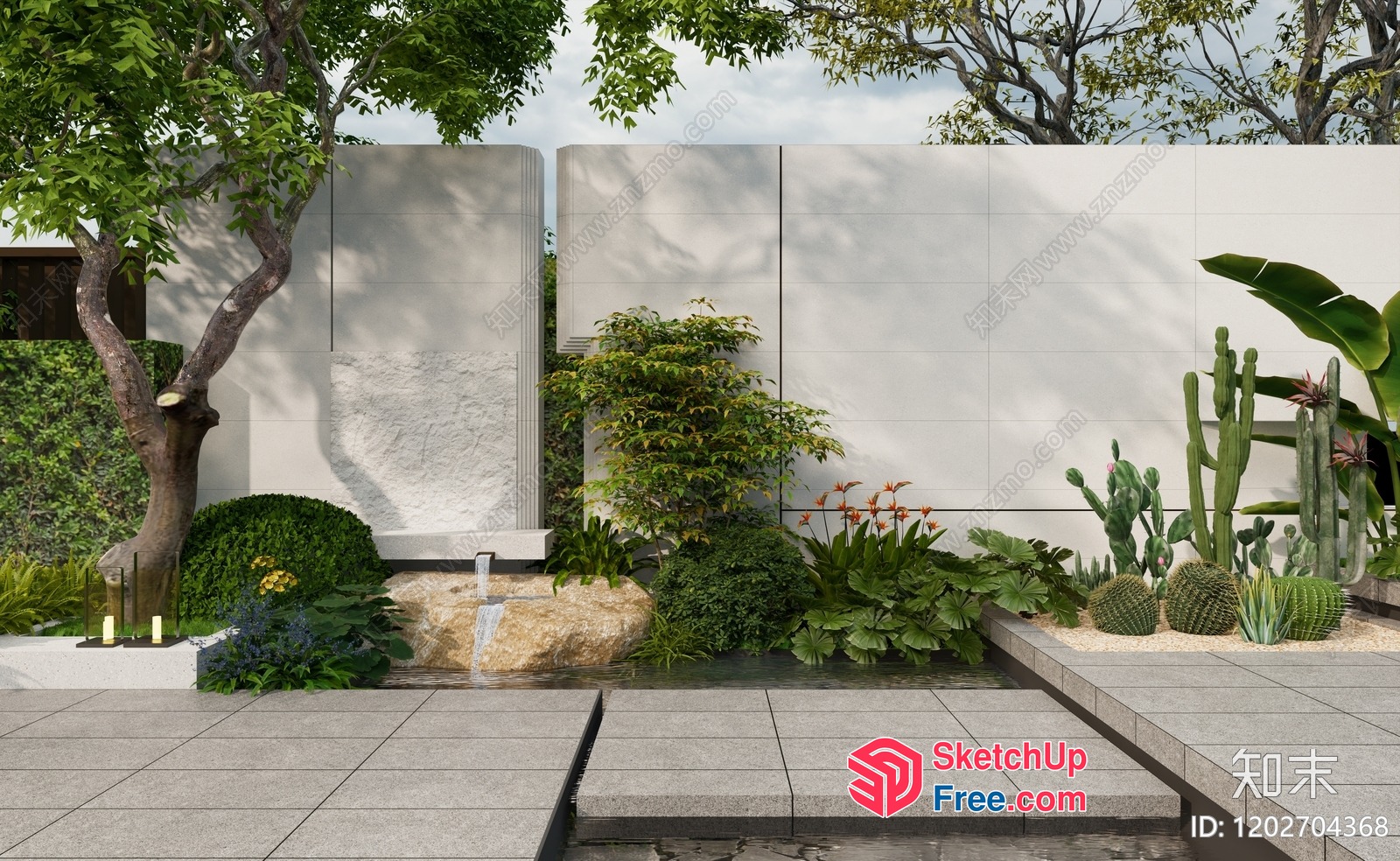 Serene Outdoor Oasis With Water Feature And Lush Greenery 3D SketchUp File