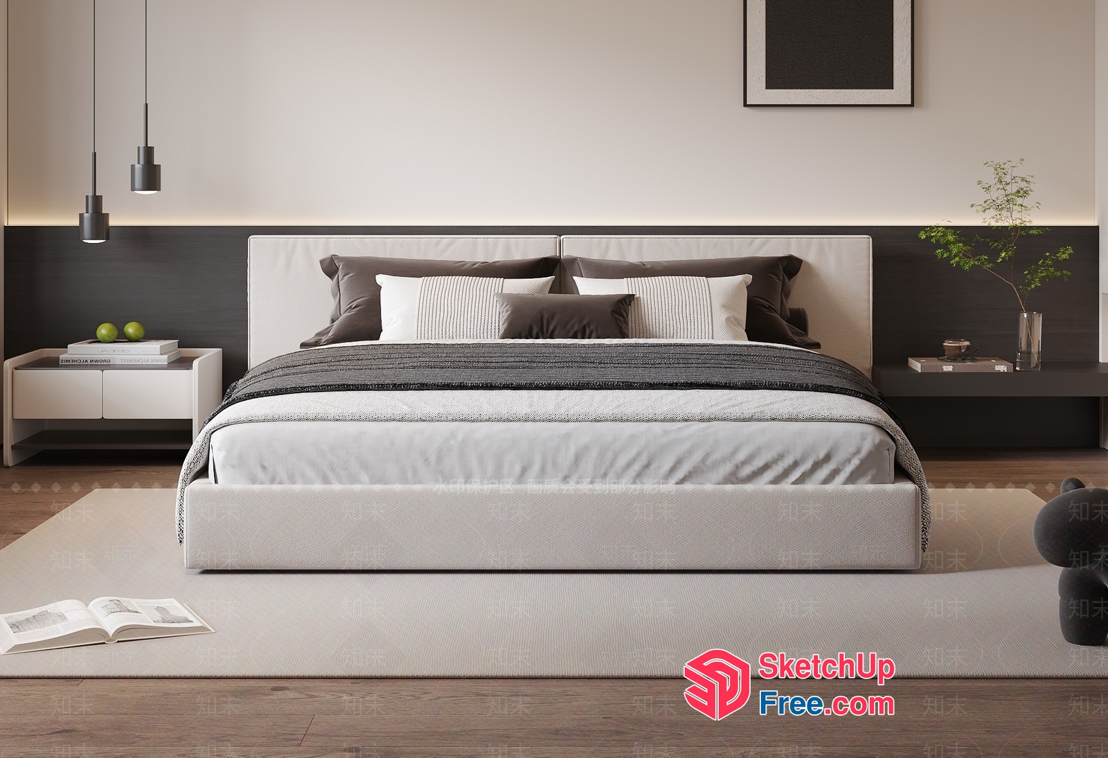 Modern Minimalist Bed And Bedside Table Arrangement 3D SketchUp File