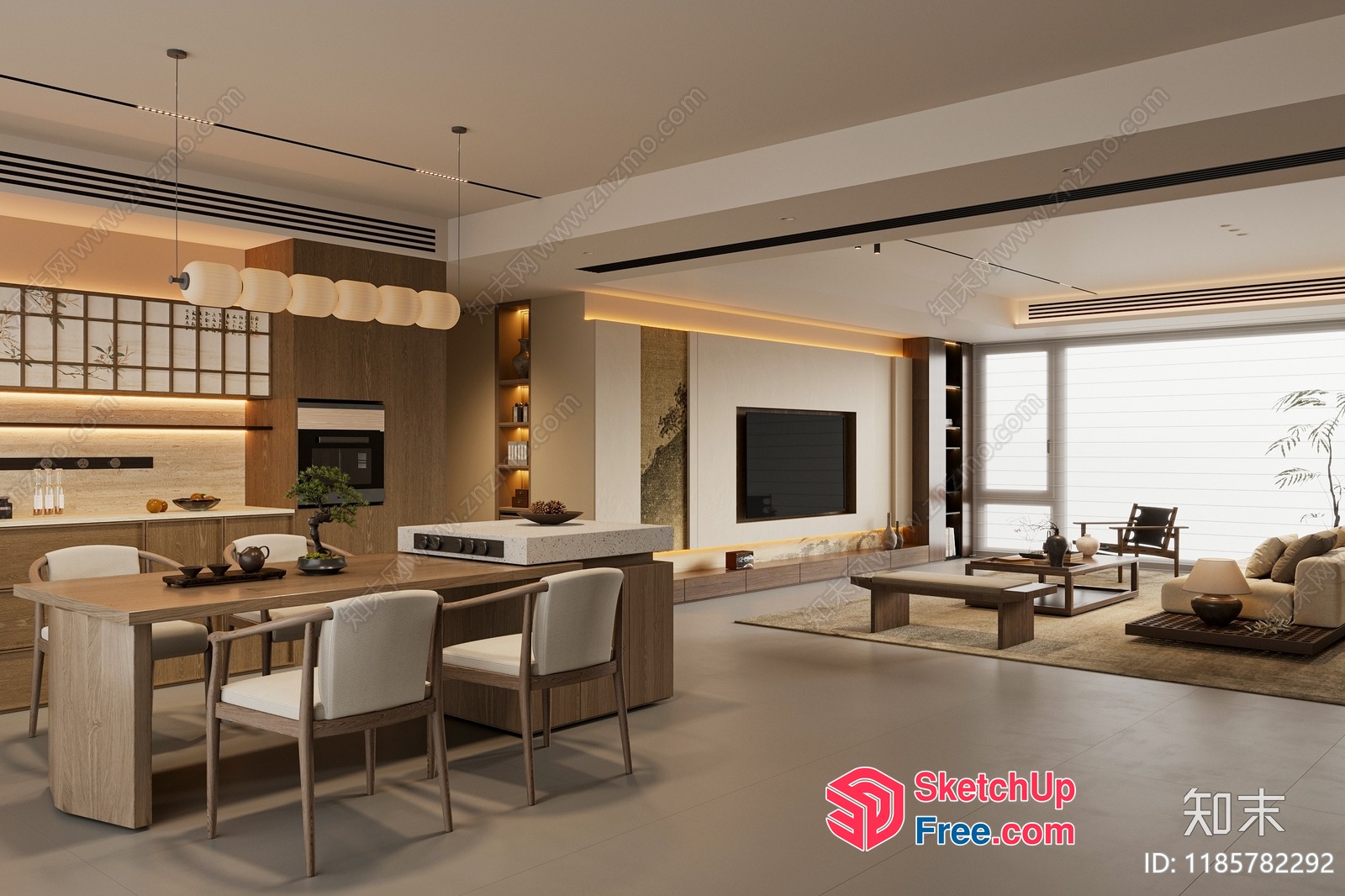 Minimalist Japanese Style Living Room With Natural Wood Accents 3D SketchUp File