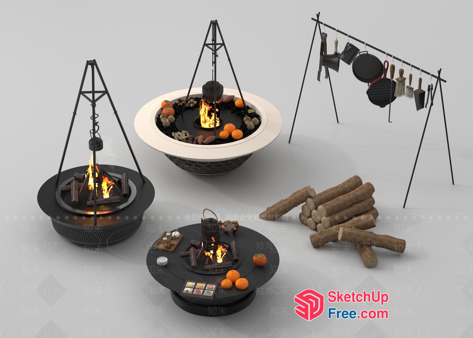 Outdoor Cooking Scene With Fireplaces And Hanging Pots 3D SketchUp File