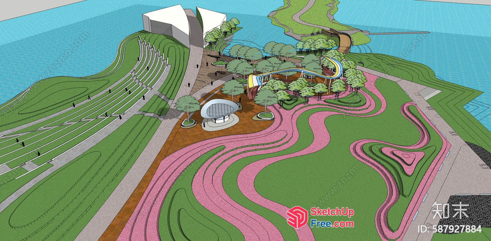 Modern Park Landscape Design With Water Features 3D SketchUp File