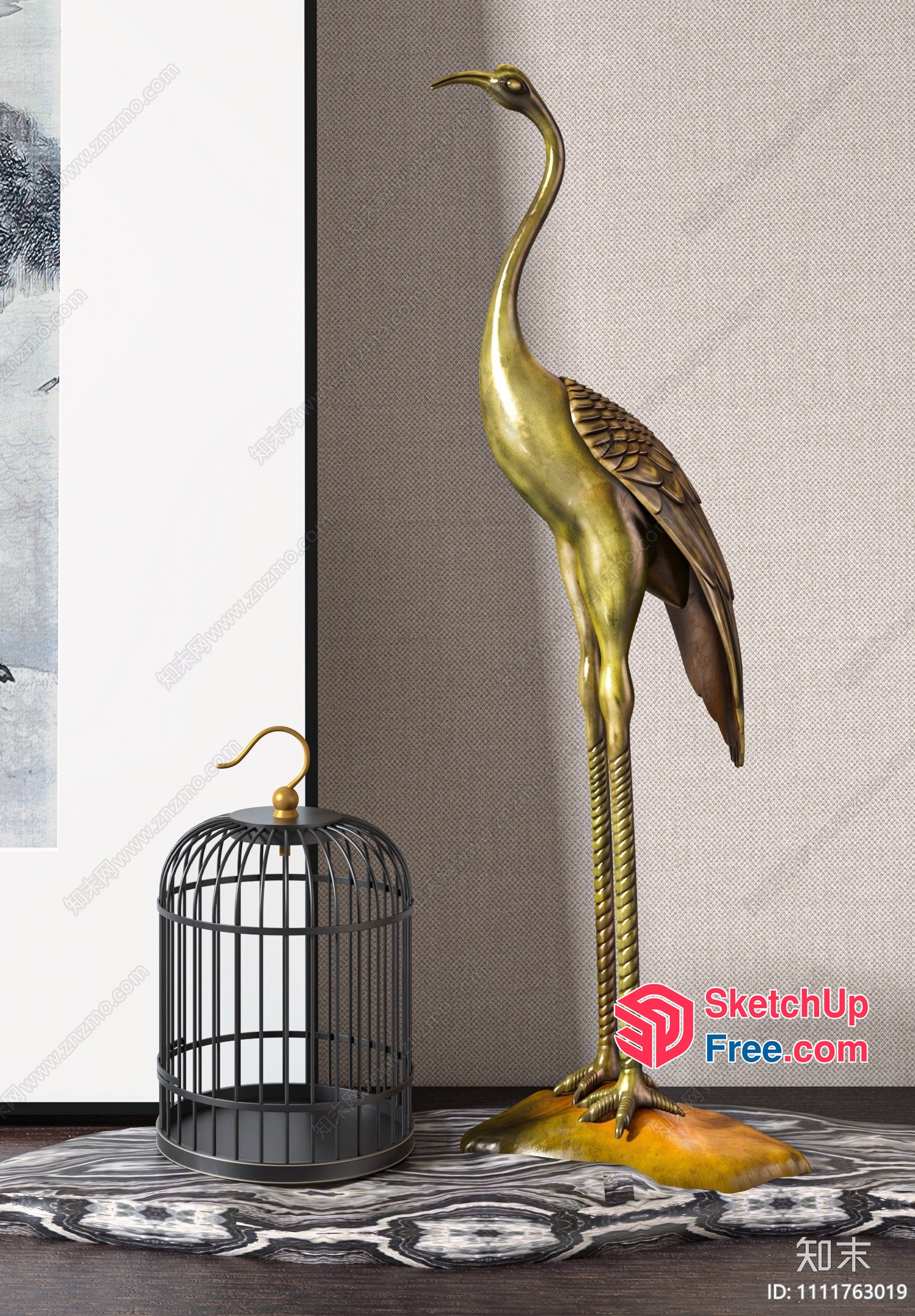 Elegant Japanese-Style Staircase With Bird Statue 3D SketchUp File
