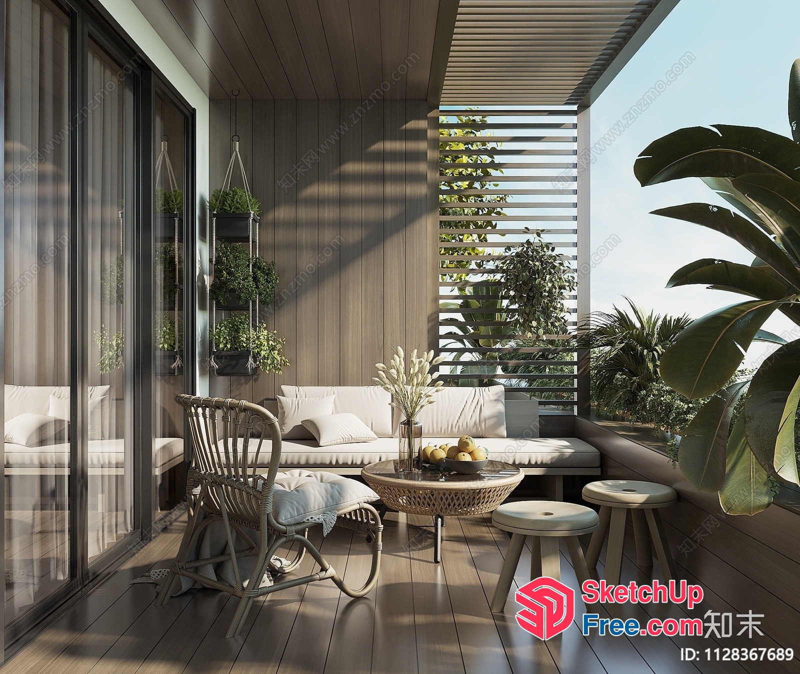 Cozy Balcony With Rattan Furniture And Plants 3D SketchUp File