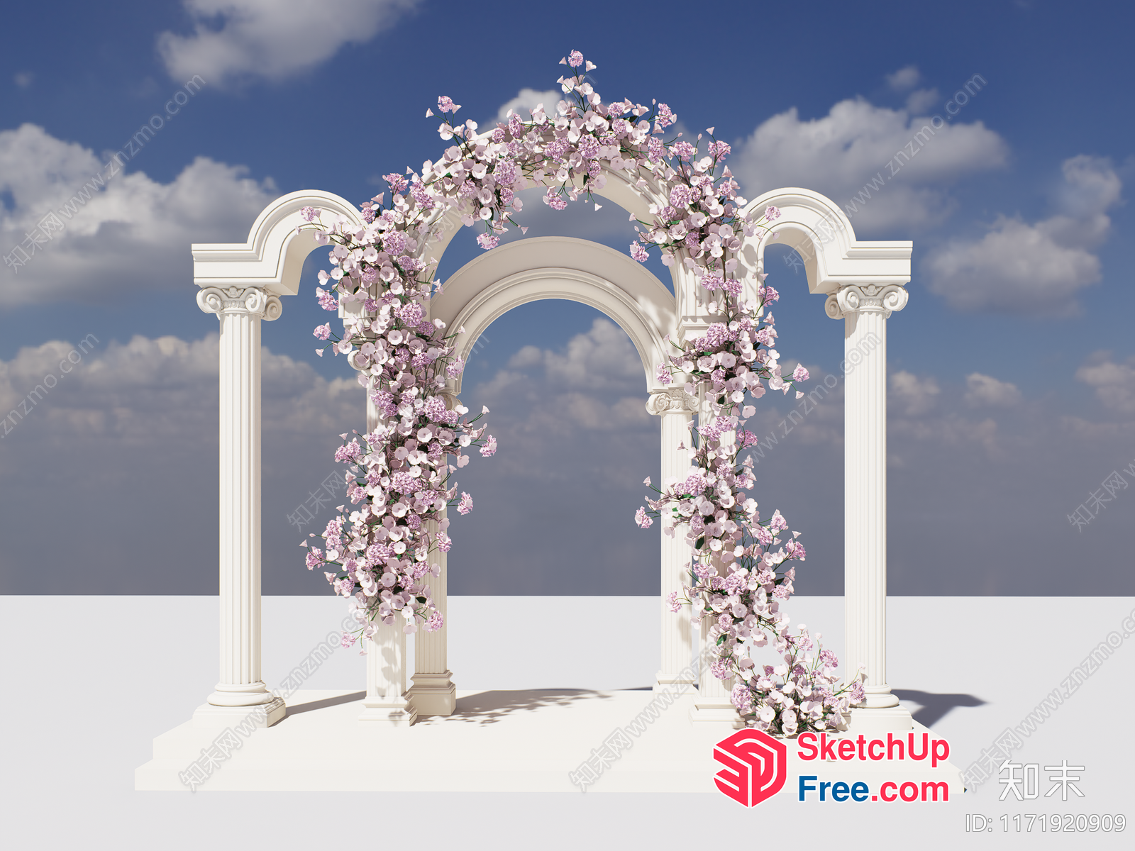 Elegant White Pillars And Archway With Pink Flowers 3D SketchUp File