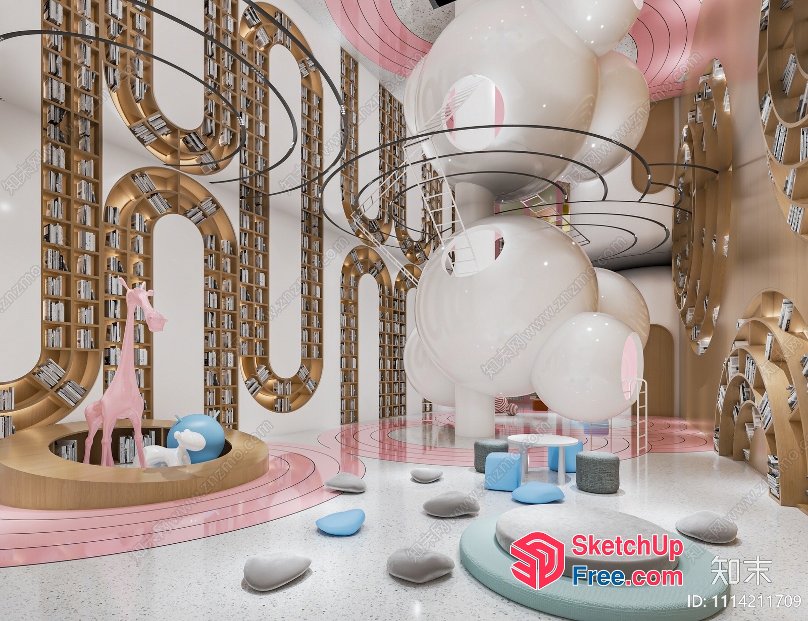 Whimsical Pastel-Hued Library Interior 3D SketchUp File