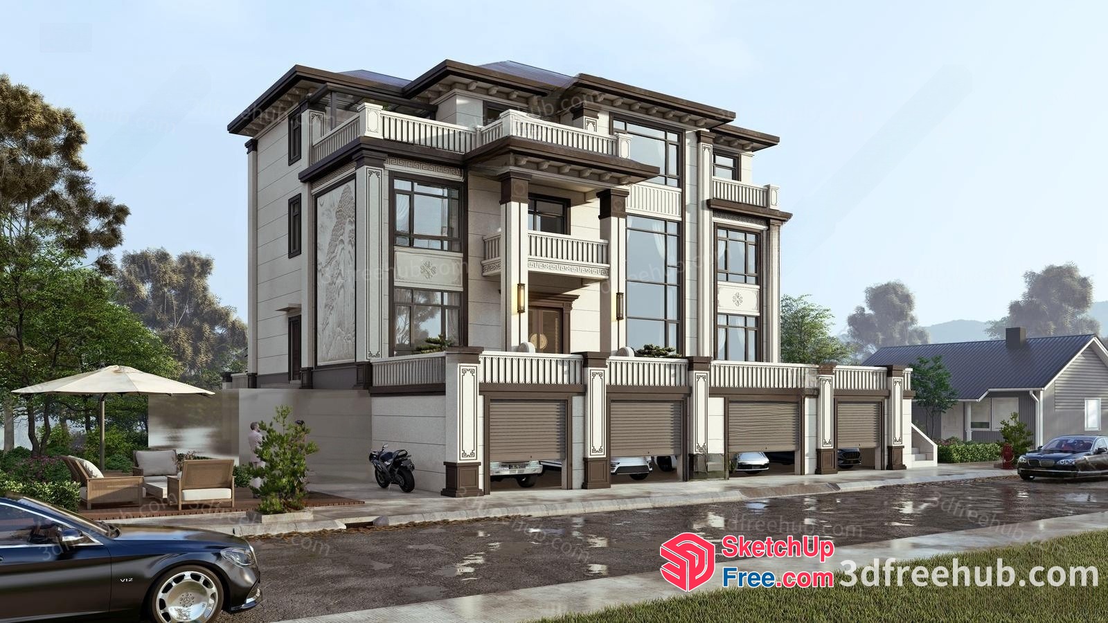 Grand Mansion With Car Parking 3D SketchUp File
