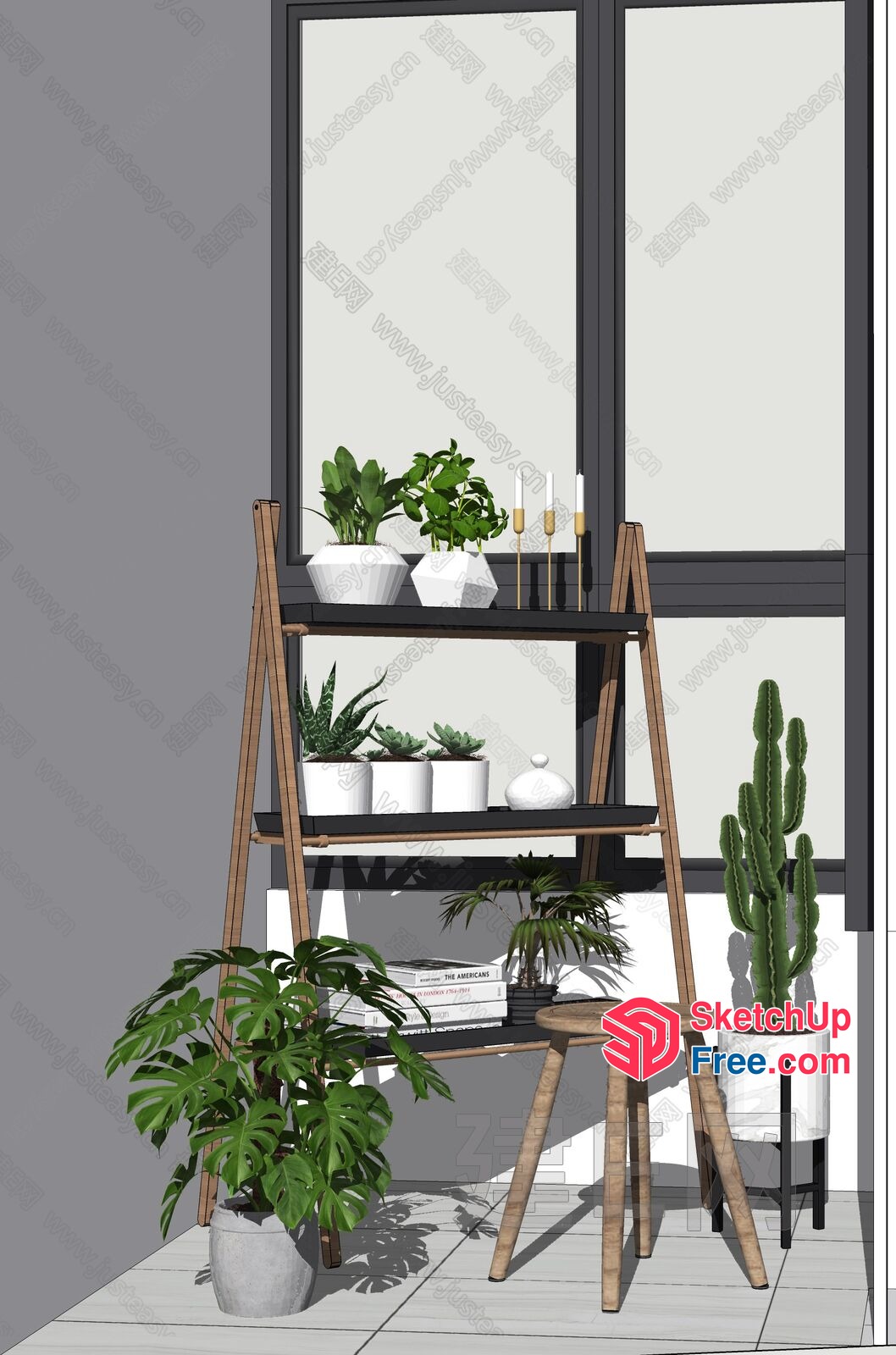 Modern Greenery Decorated Wooden Shelf 3D SketchUp File
