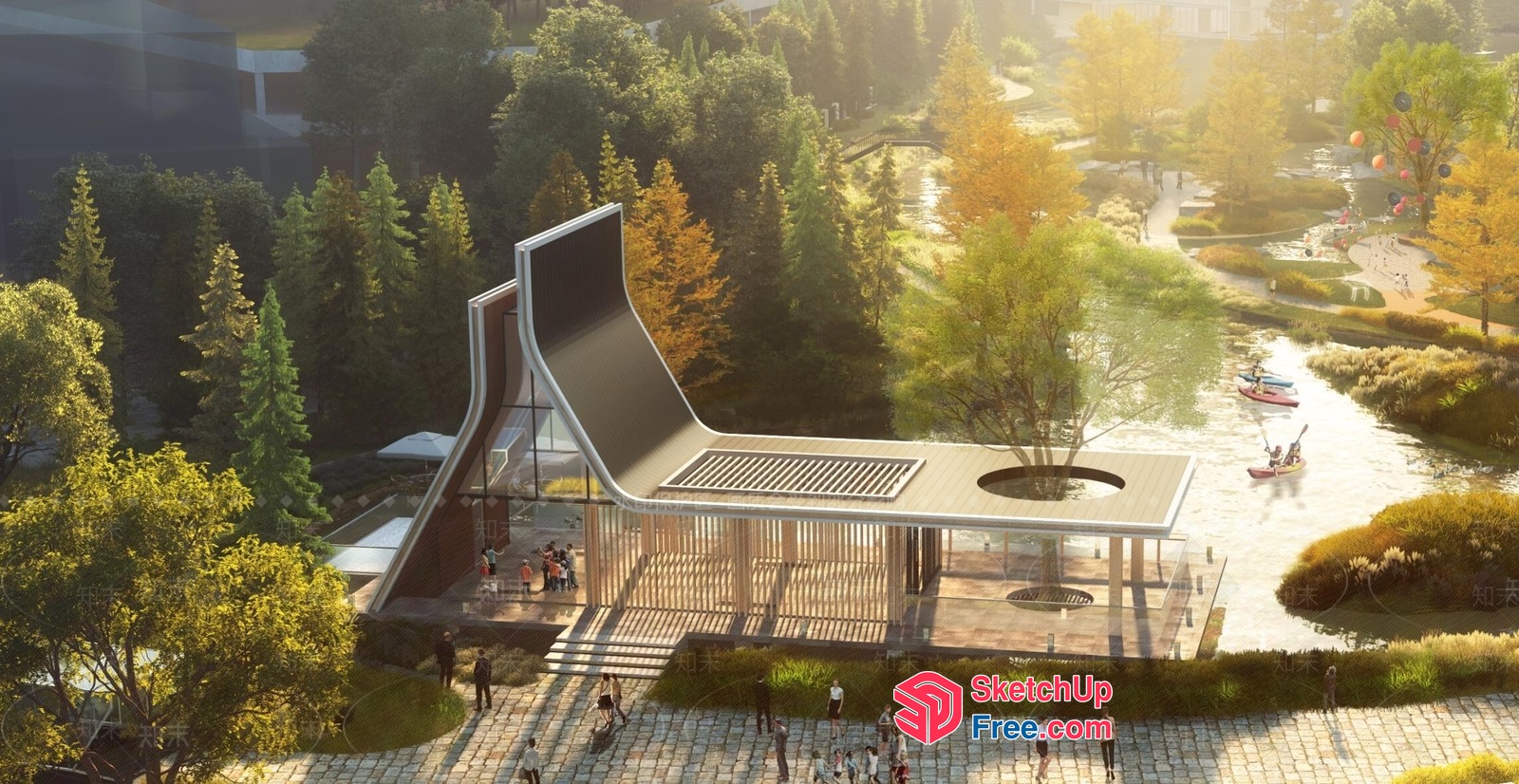 Modern Glass And Wood Exterior With Water Feature 3D SketchUp File