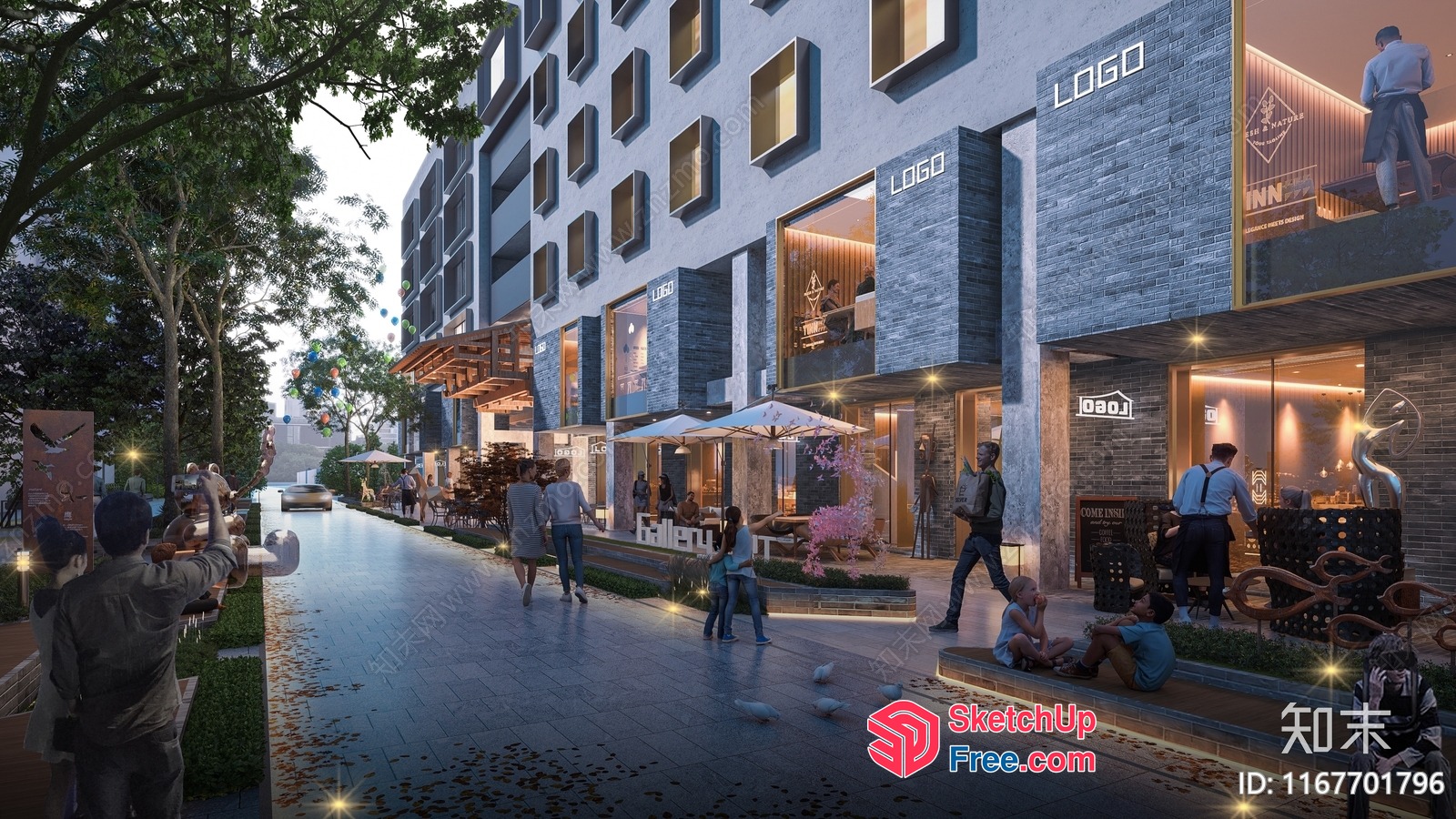 Modern Street Scene With Commercial Buildings And People 3D SketchUp File