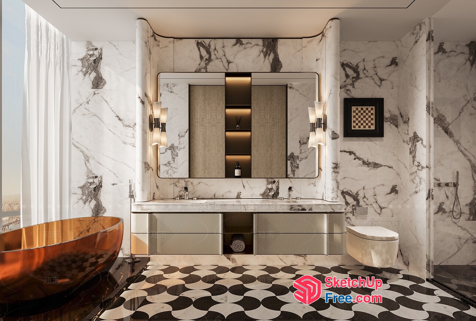 Luxurious Modern Bathroom Interior With Marble Accents 3D SketchUp File