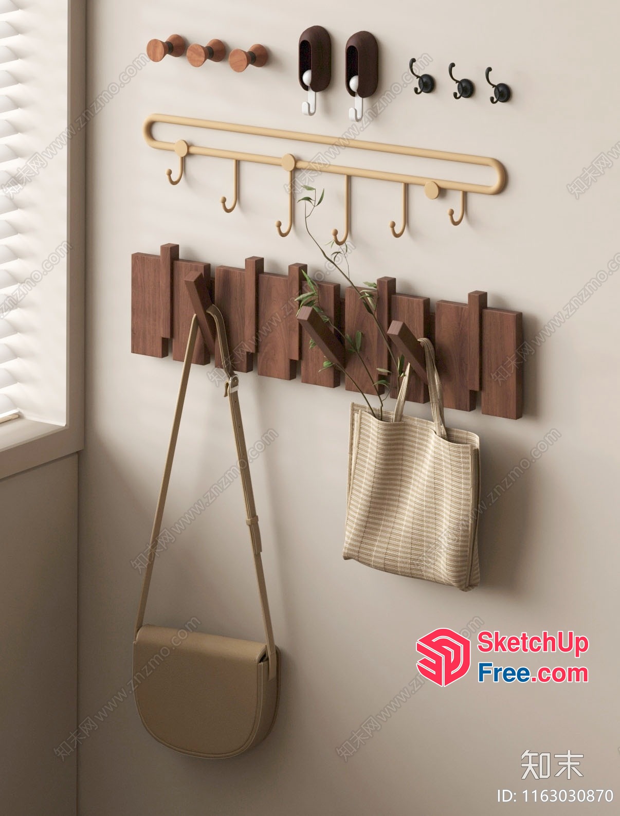 Elegant Wooden Coat Rack With Matching Hooks 3D SketchUp File