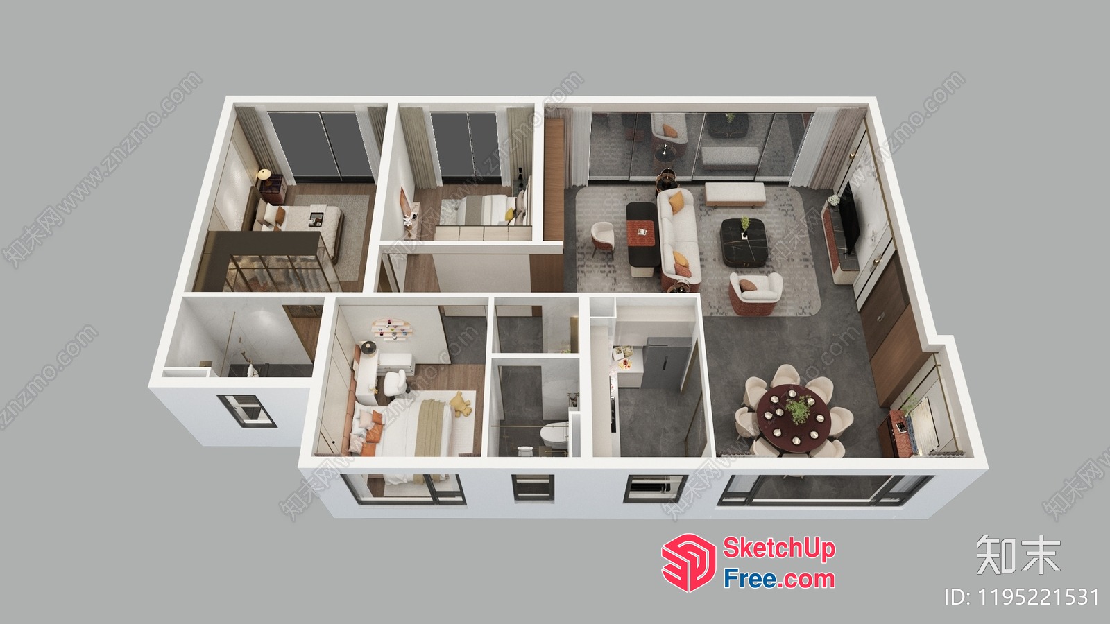 Modern 3D Rendering Of A Spacious Apartment Floor Plan 3D SketchUp File