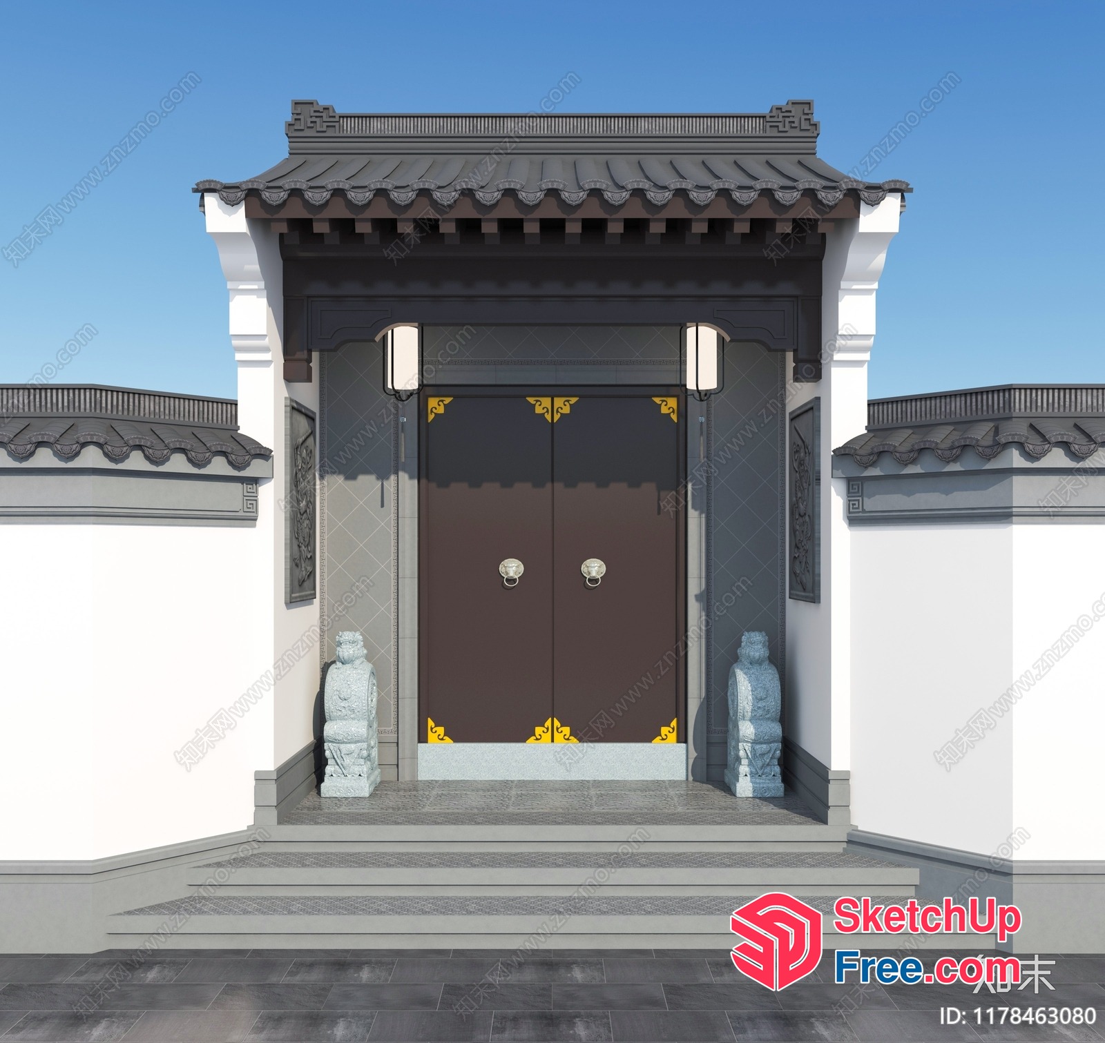 Ornate Chinese-Style Doorway With Traditional Roof 3D SketchUp File
