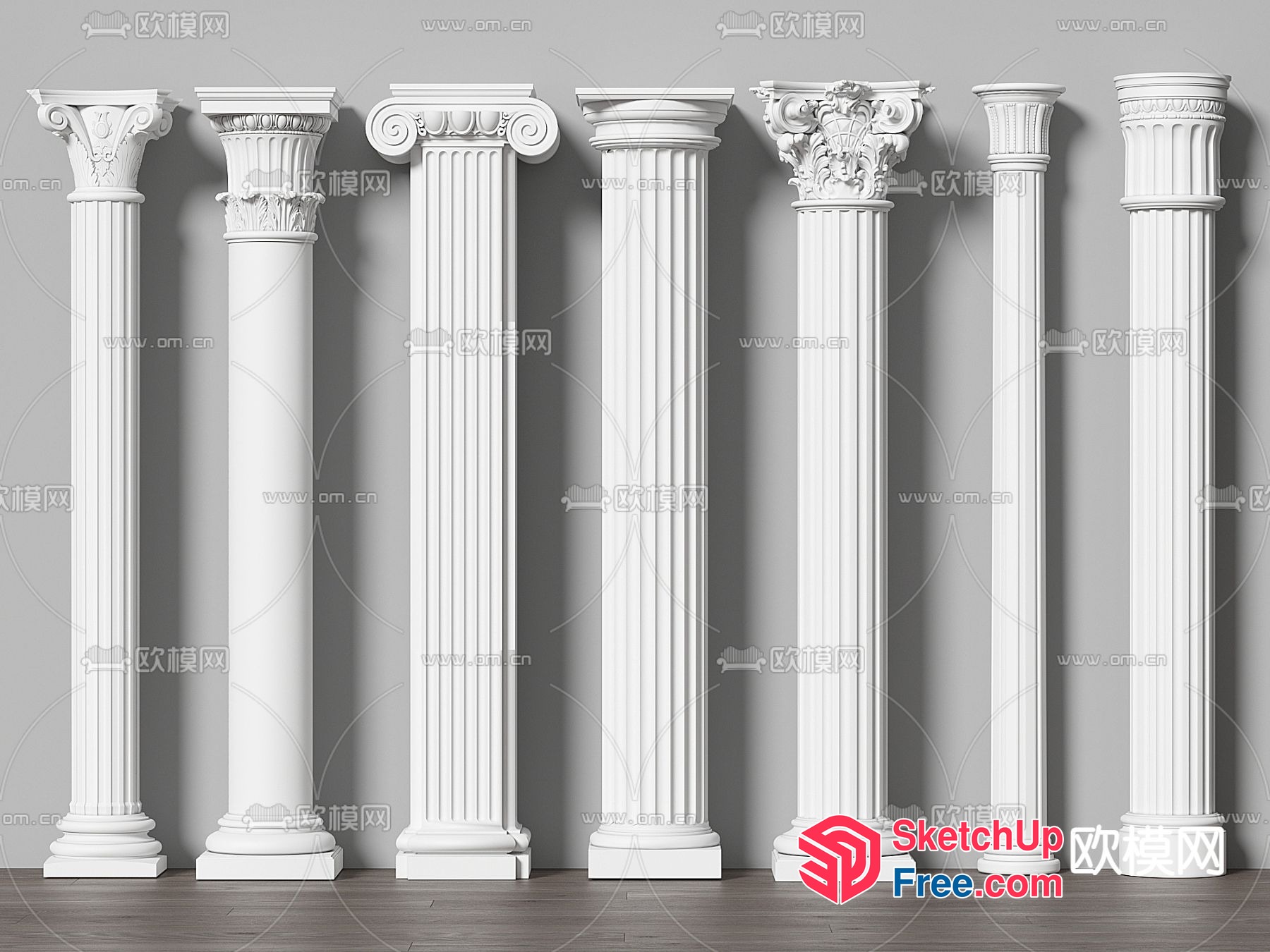 Elegant White Pillars Against A Grey Wall 3D SketchUp File