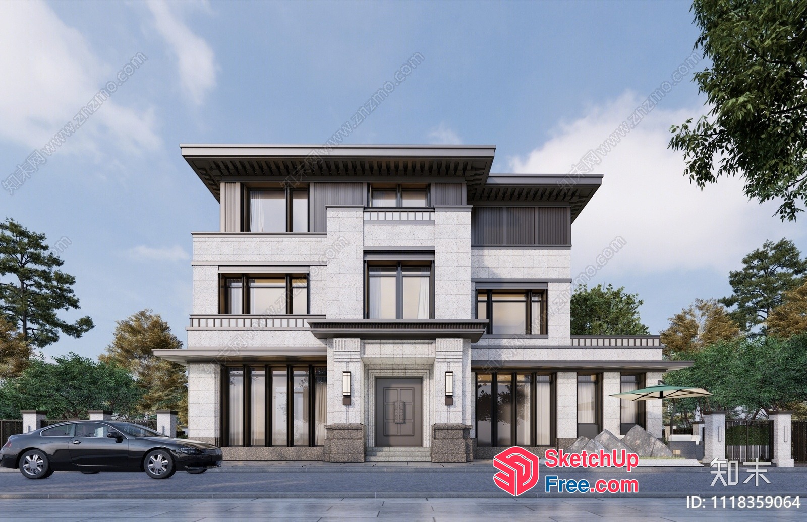 Modern Villa Exterior With Elegant Pillars And Windows 3D SketchUp File