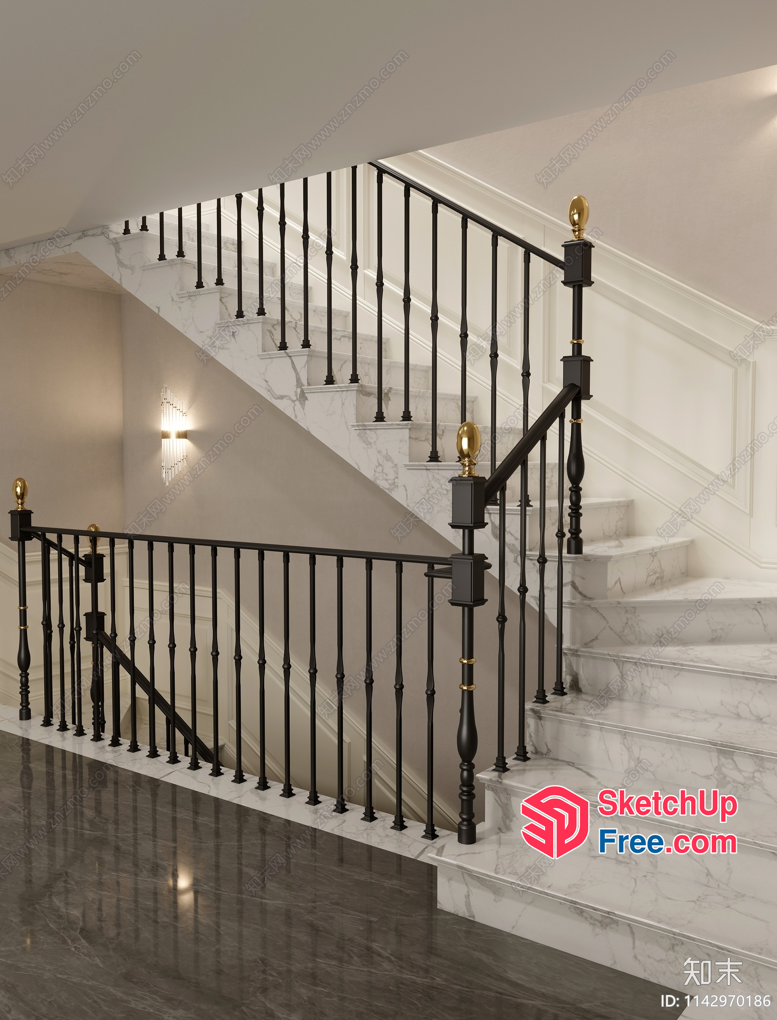 Elegant White Marble Staircase With Black And Gold Railing 3D SketchUp File