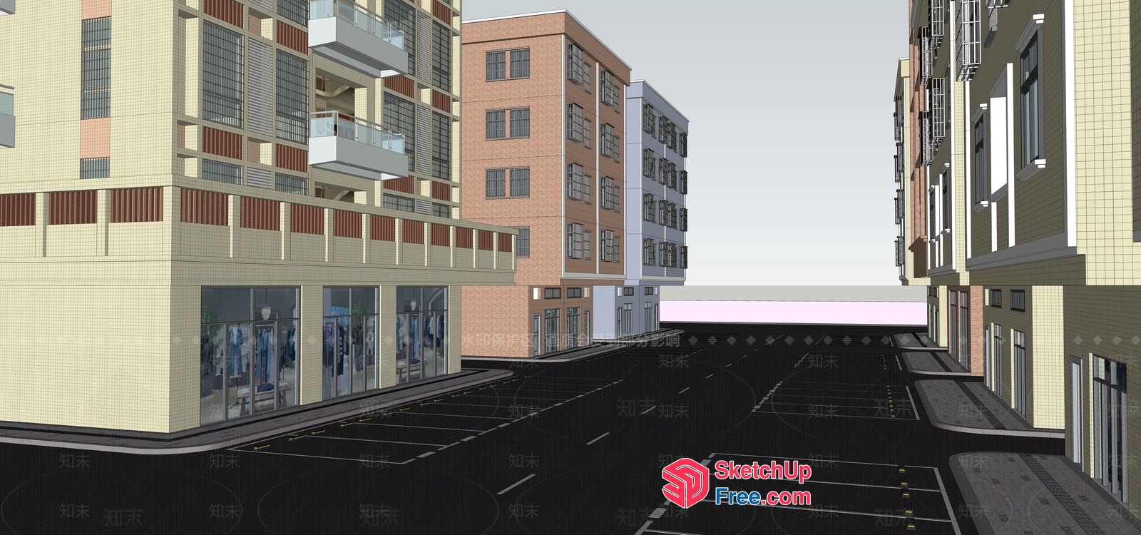 Street View Of A Commercial Street With Buildings 3D SketchUp File