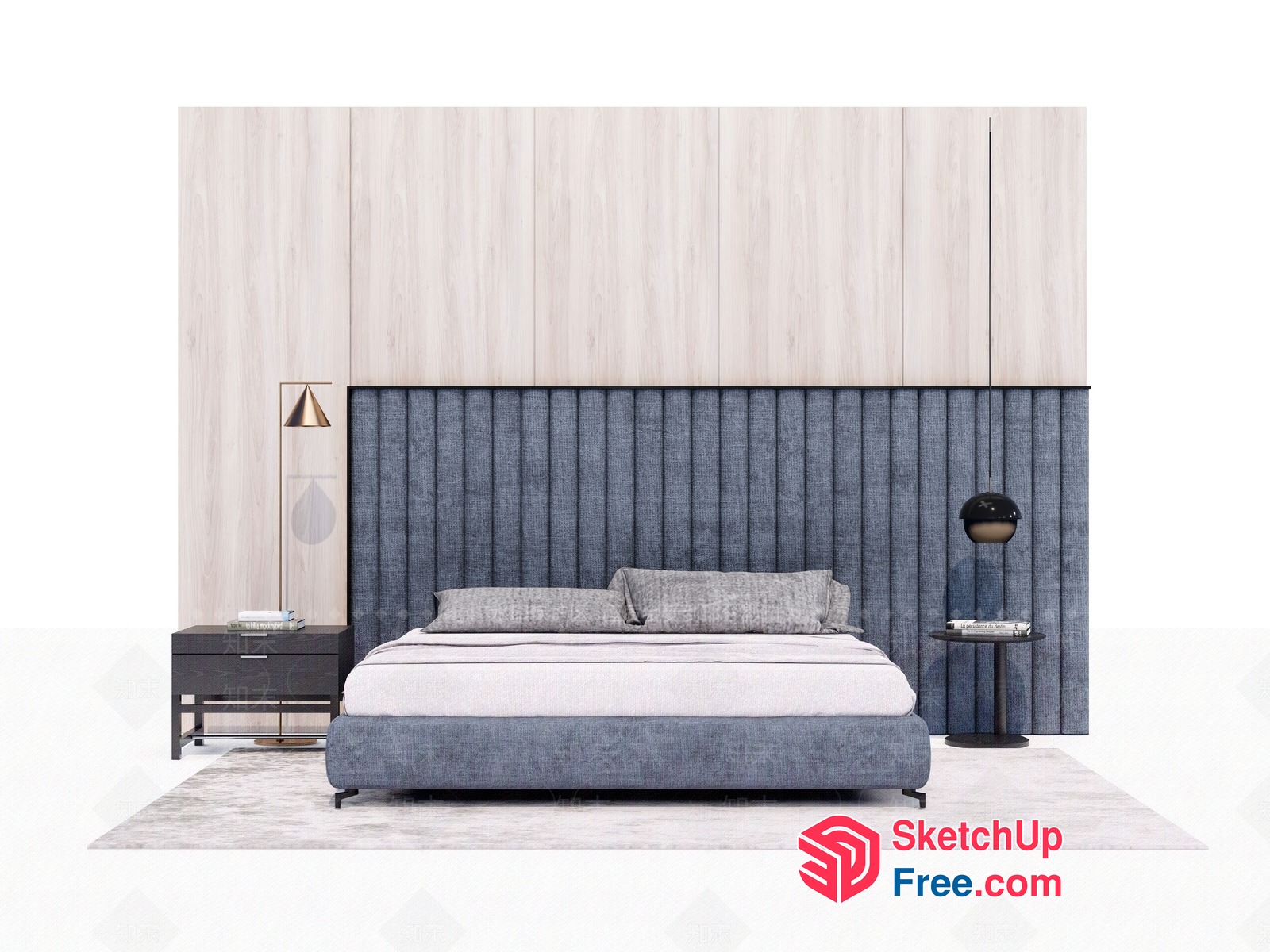 Modern Bedroom With Gray Bed And Nightstand 3D SketchUp File