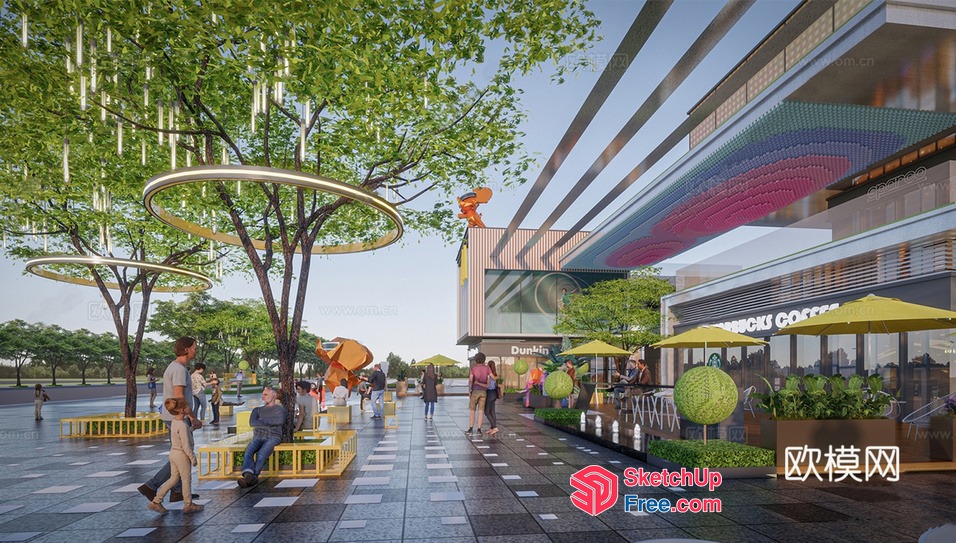 Modern Commercial Street With Outdoor Seating 3D SketchUp File