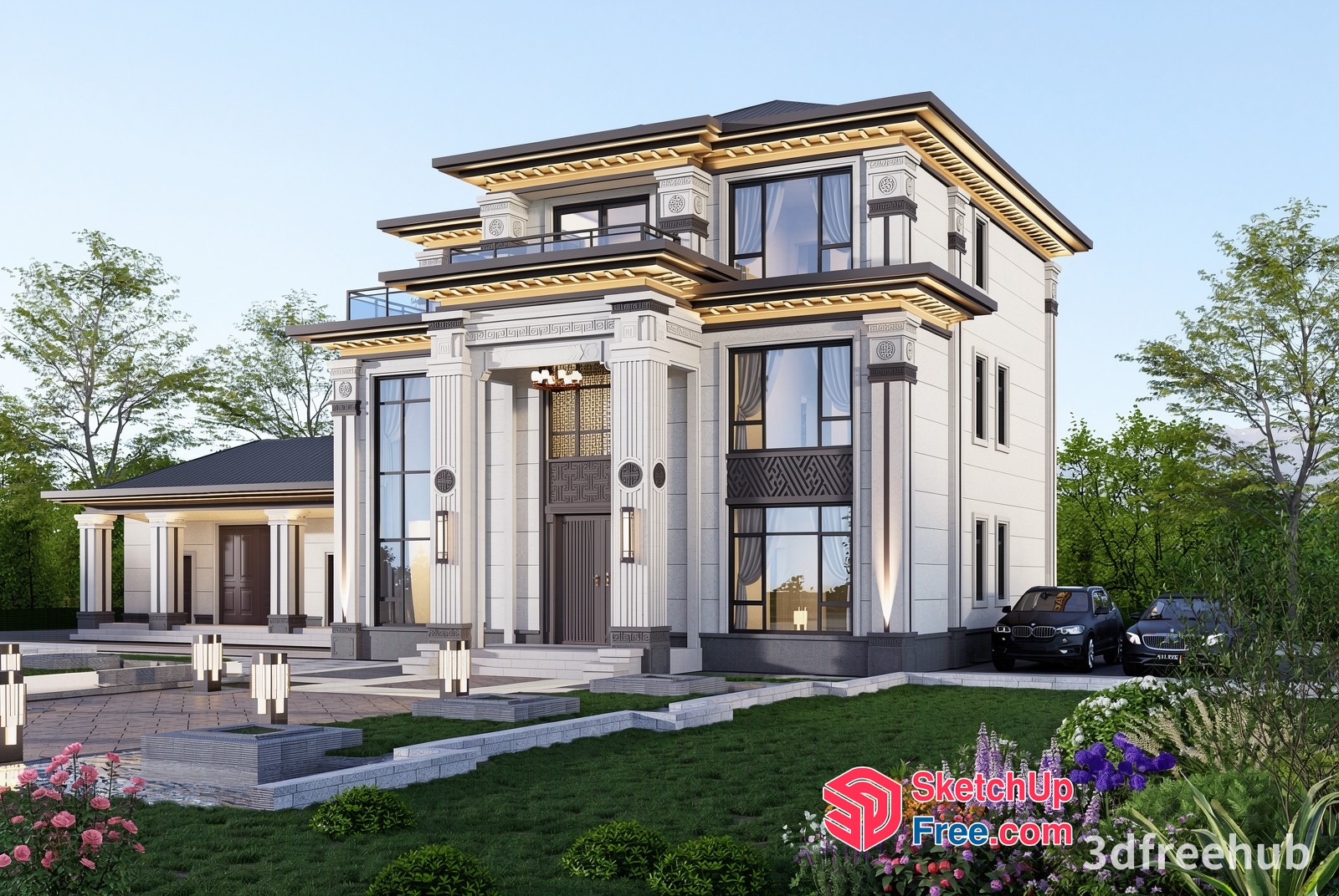 Classical Mansion With Pillars And Balconies 3D SketchUp File