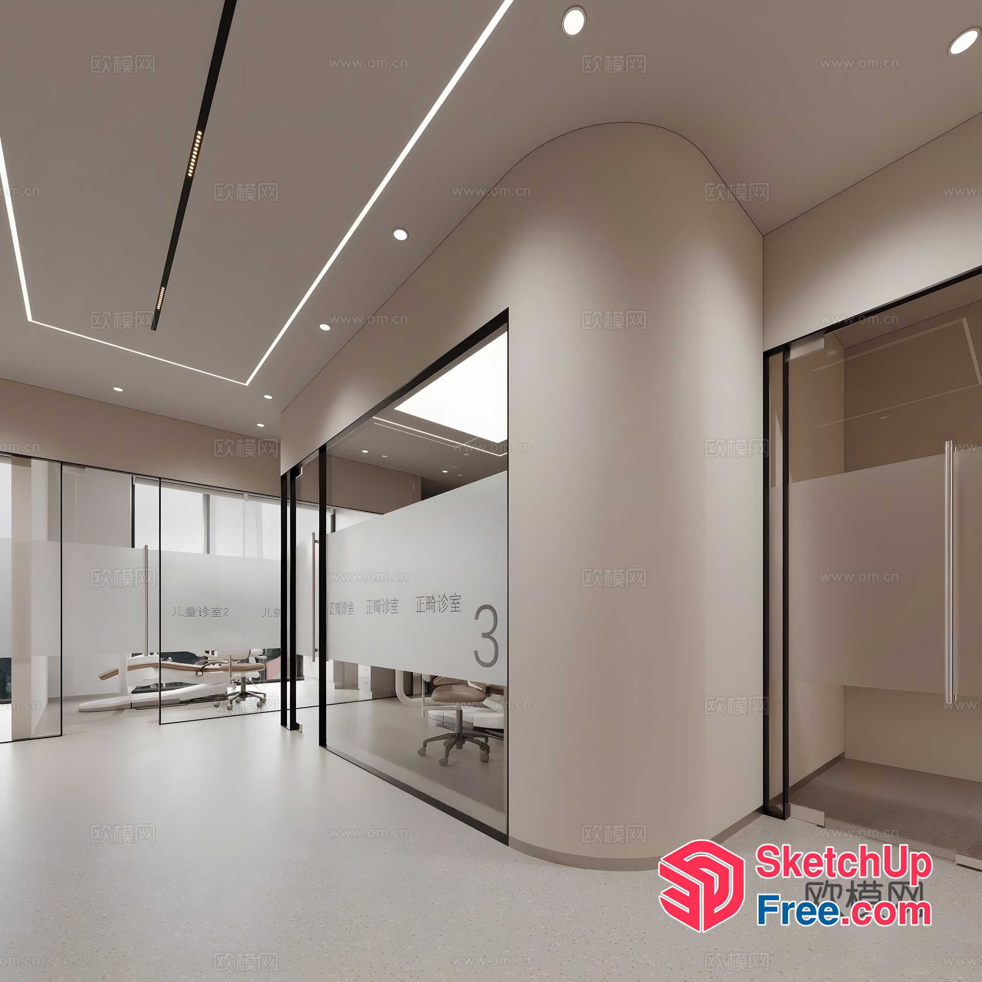 Modern Minimalist Office Space With Glass Walls And White Furniture 3D SketchUp File